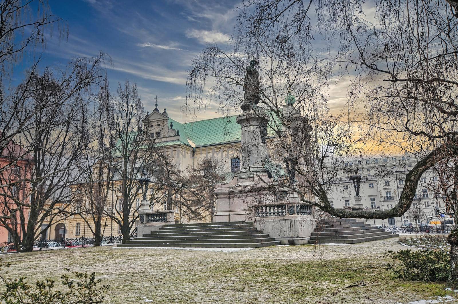 Park in Warsaw city of Poland with snow, during the winter