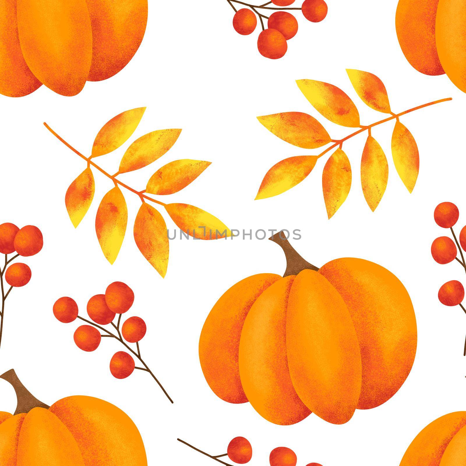Hand drawn seamless pattern with fall autumn leaf leaves berry berries, maple oak acorn. Natural wild forest wood woodland background in red orange yellow. Vintage fabric print. by Lagmar