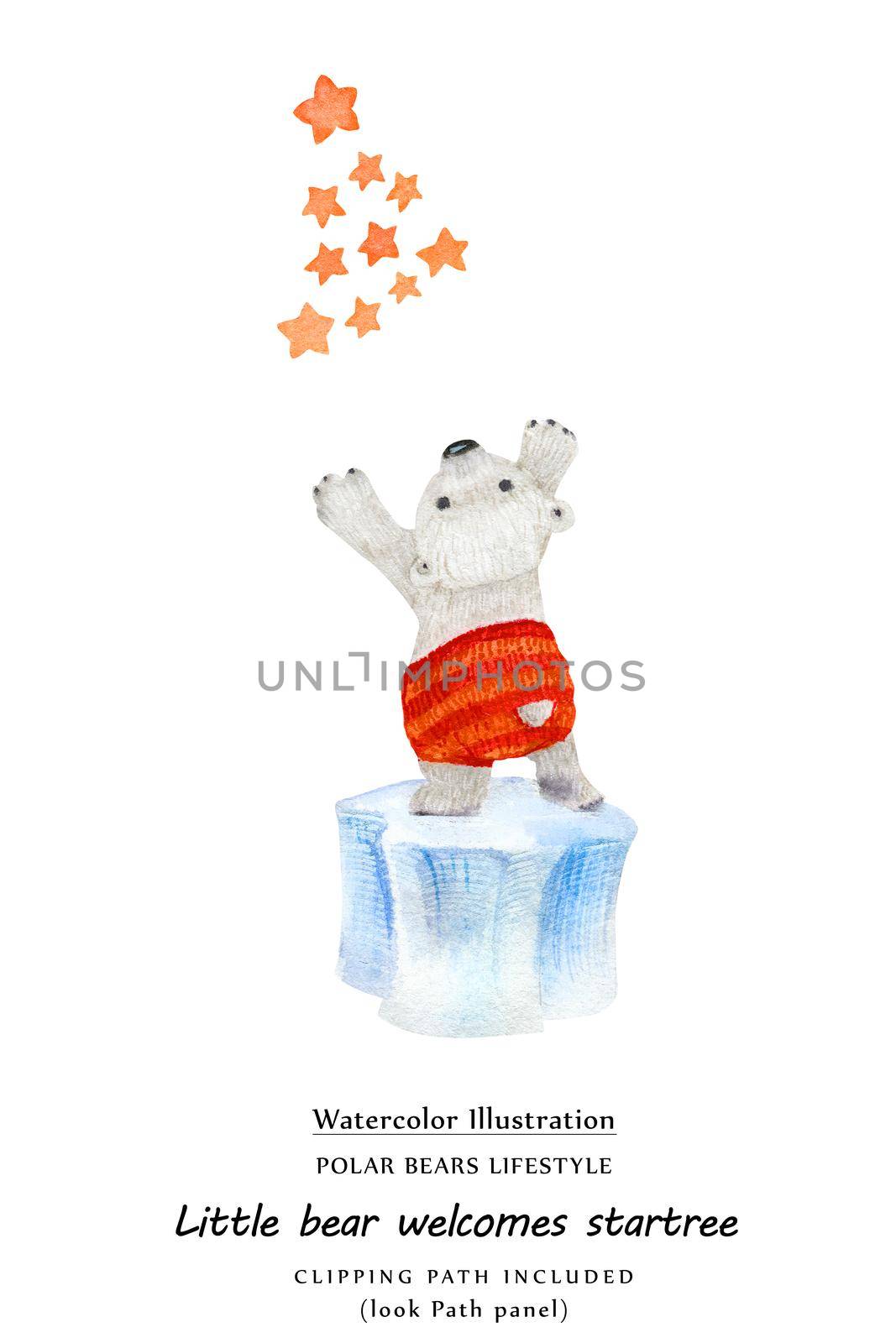 Cute watercolor illustration Little bear welcomes X-mas Tree constellation . Isolated clipping path included