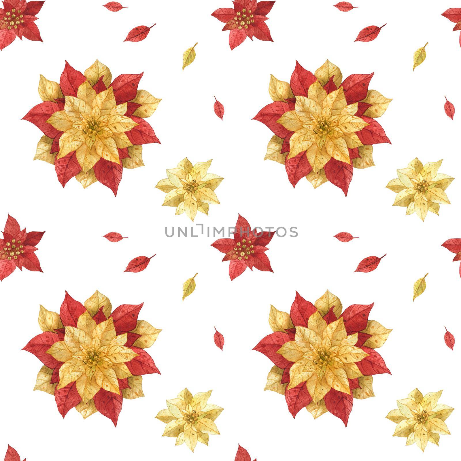 Christmas Red Gold Poinsettia seamless pattern by Xeniasnowstorm