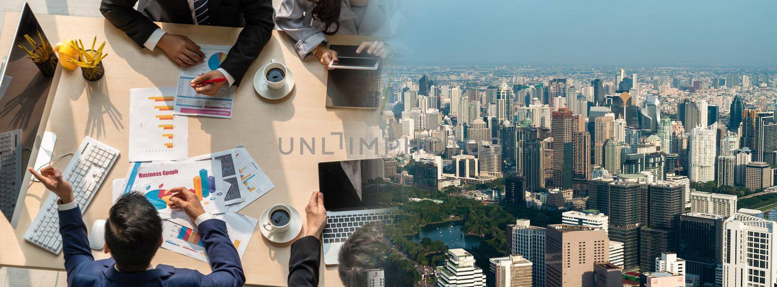 Business people group meeting shot from top widen view in office . Profession businesswomen, businessmen and office workers working in team conference with project planning document on meeting table .