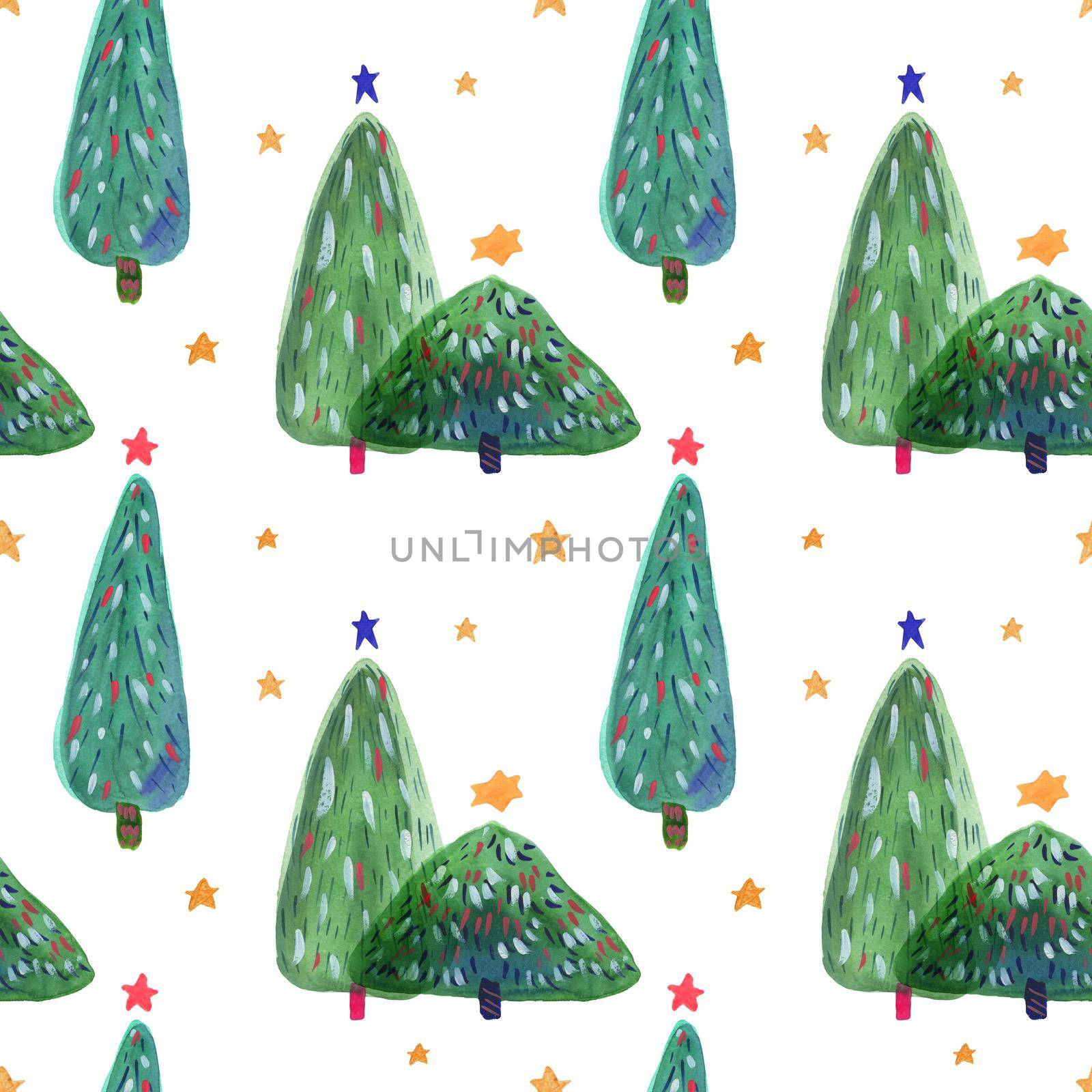Christmas Tree Watercolor seamless pattern, white background, clipping path included
