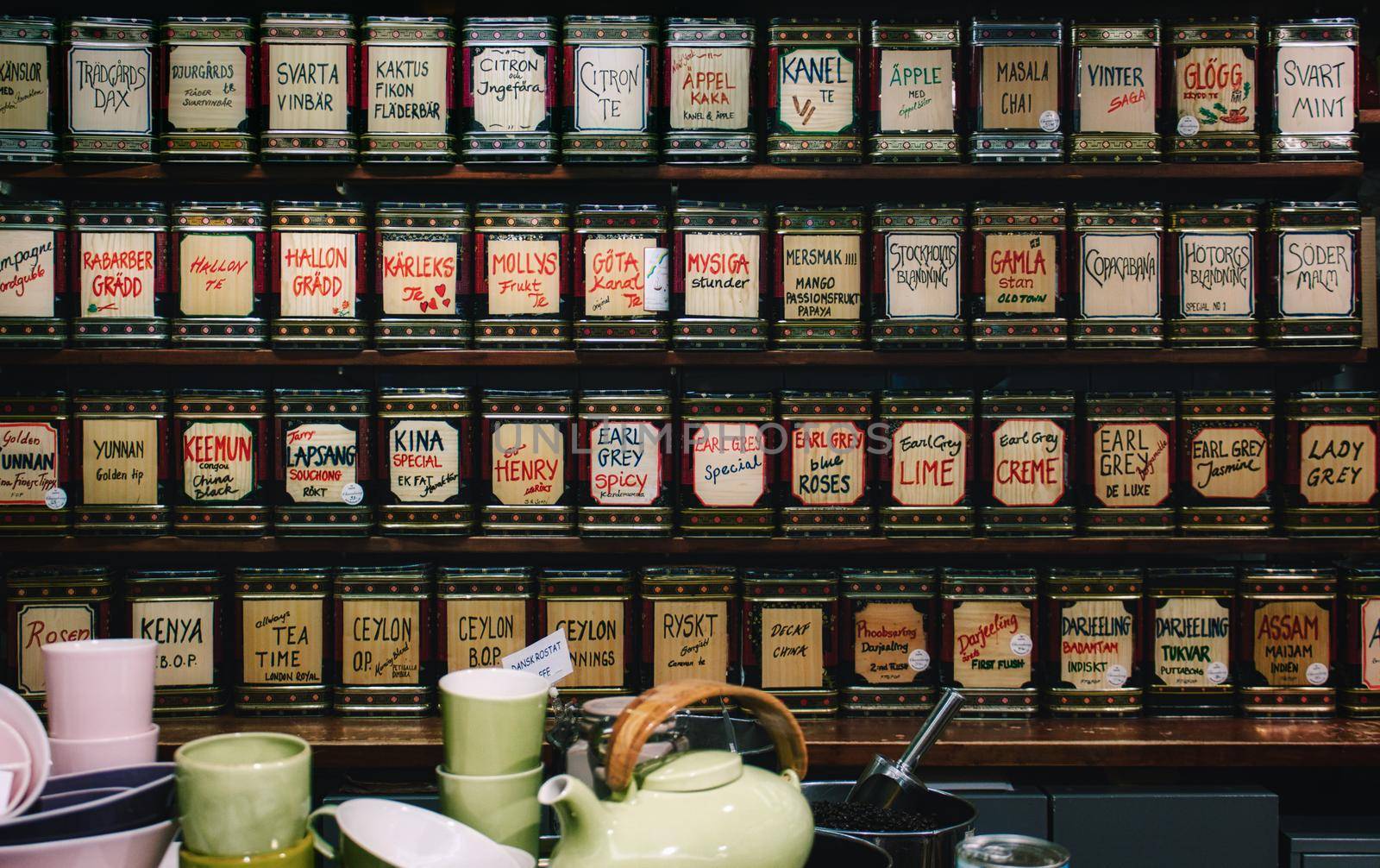 A collection of teas on display in a shop