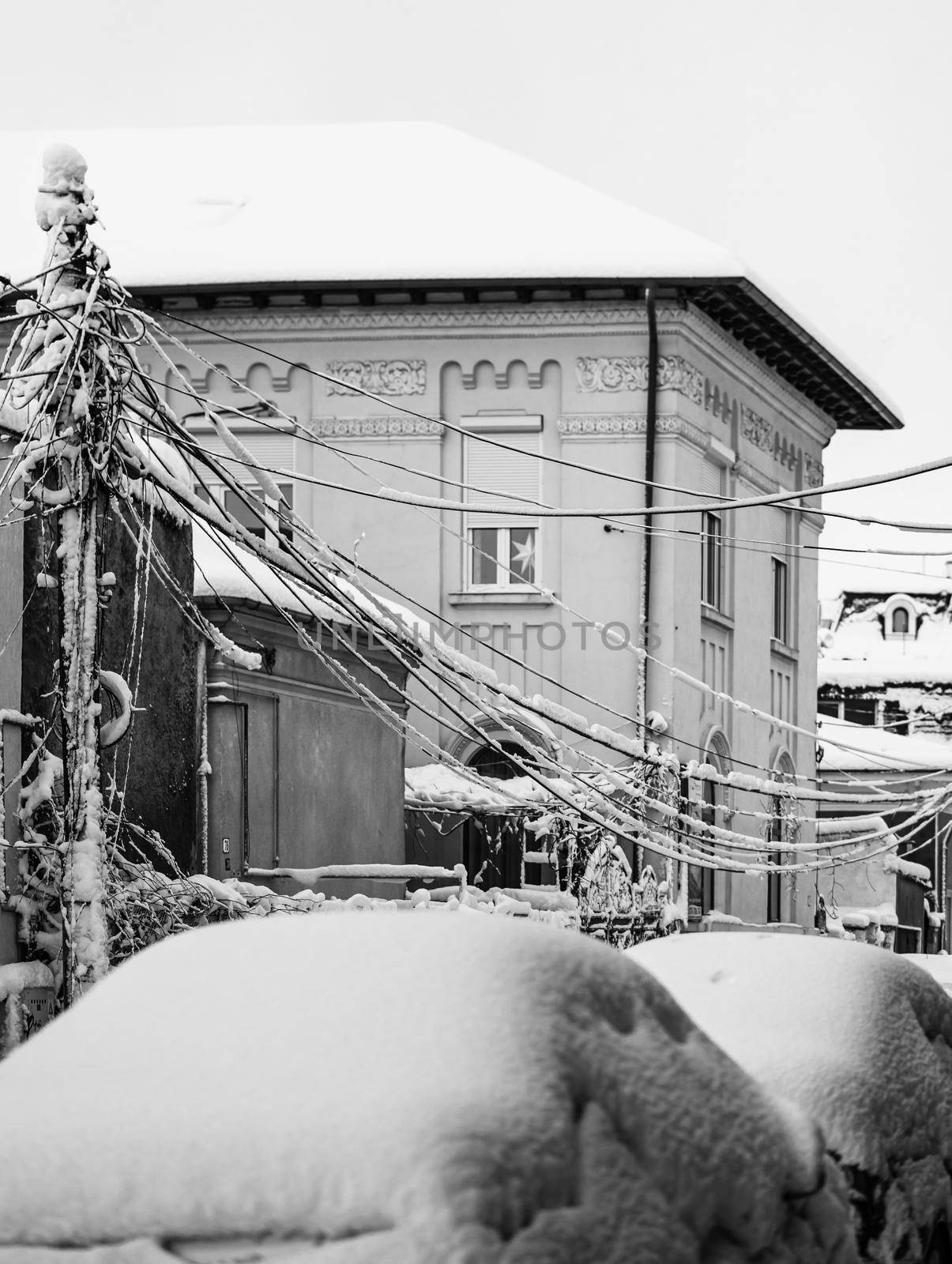 Cars covered with snow from the first snow fall of the year. Winter concept, snowy cars parked on the street, deep layer of snow by vladispas
