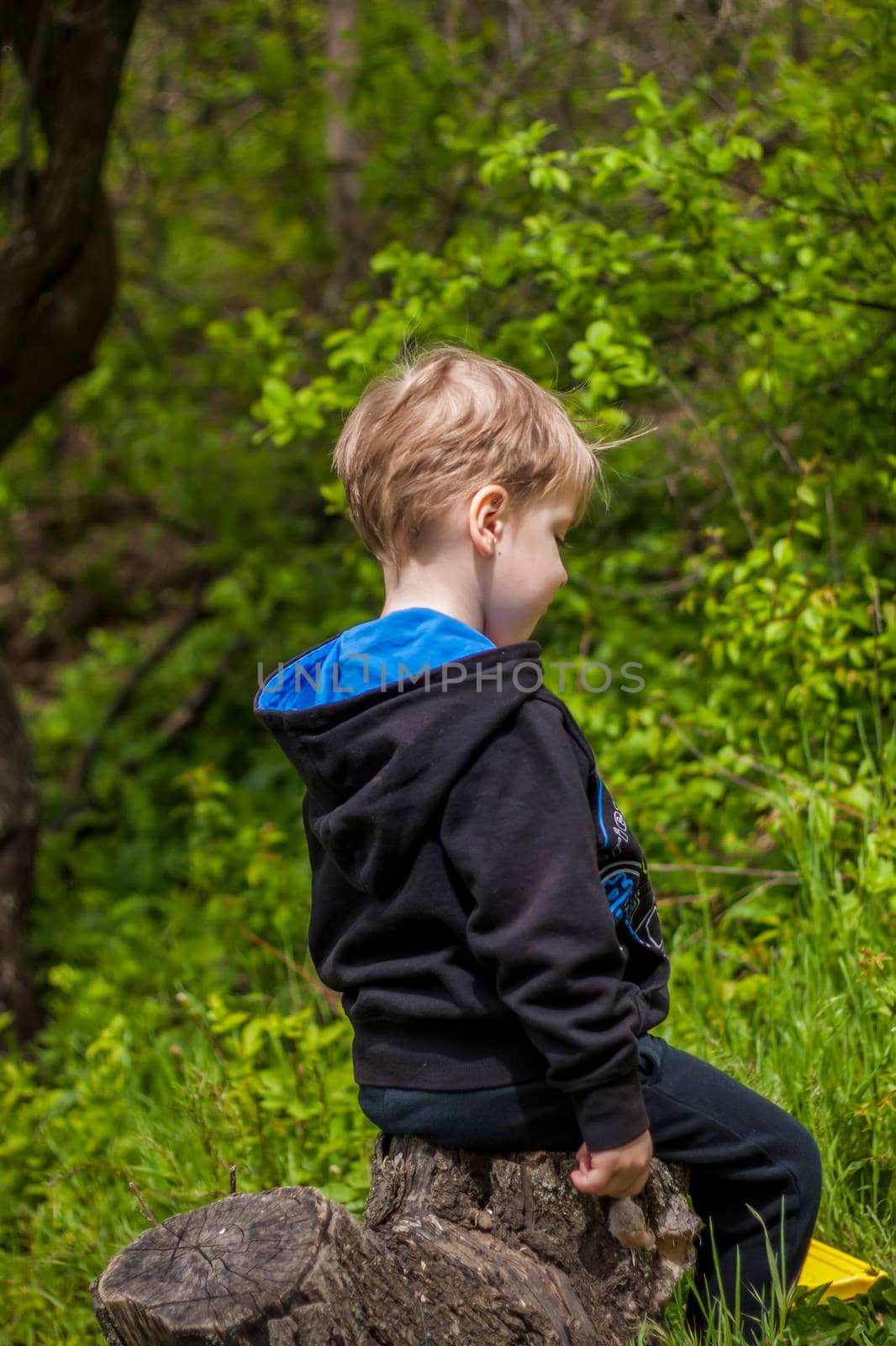 Portrait of a child with a funny facial expression. a walk in the fresh air in the park. Bright and juicy spring greenery around.