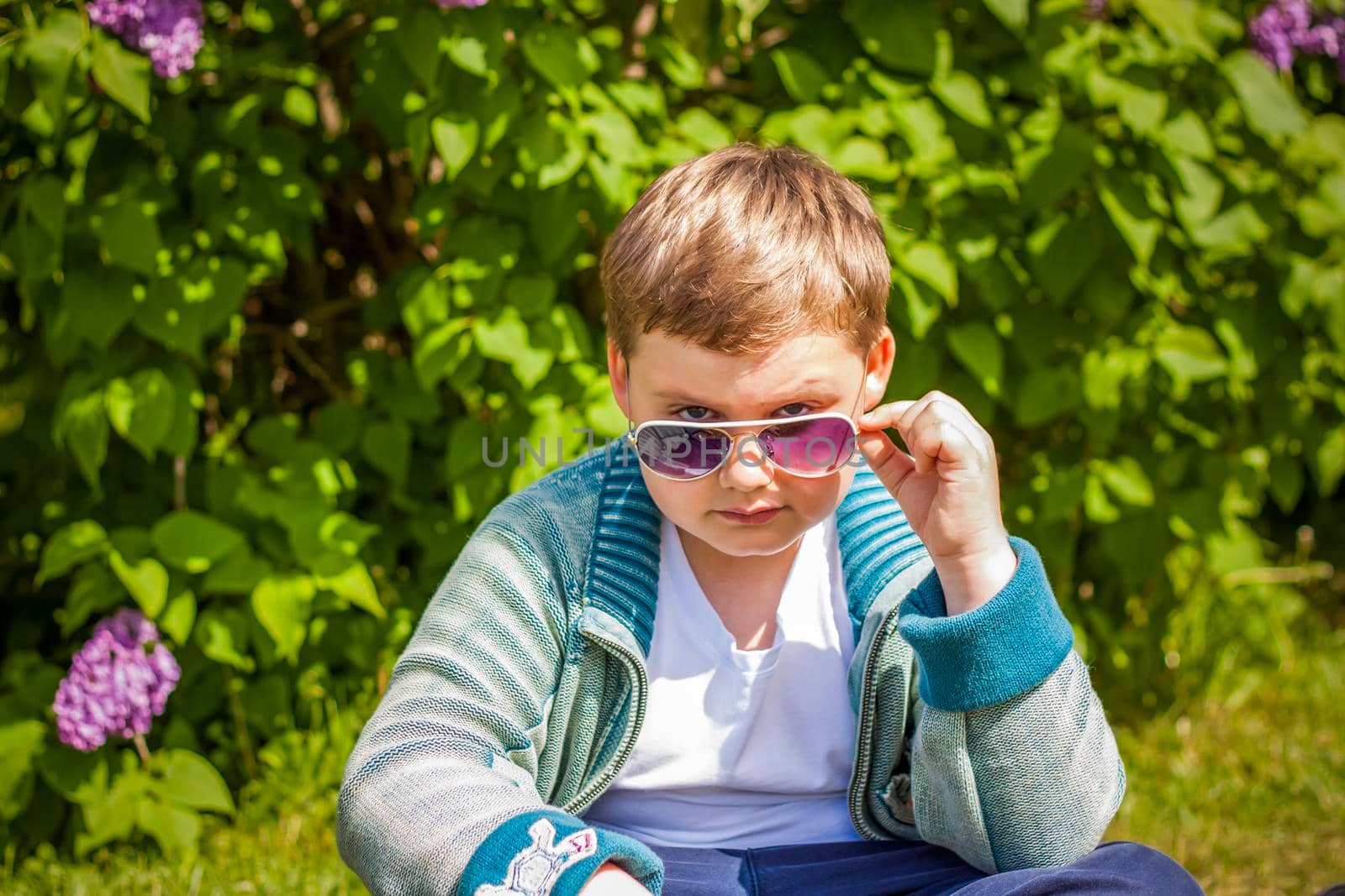 A boy poses near a lush lilac. Portrait of children with an interesting facial expression. Interactions. Selective focus. Spring