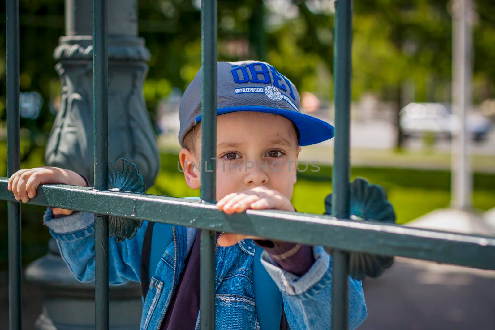 A boy in a baseball cap looks through the iron bars of the fence.  Interactions. Selective focus. by Alina_Lebed
