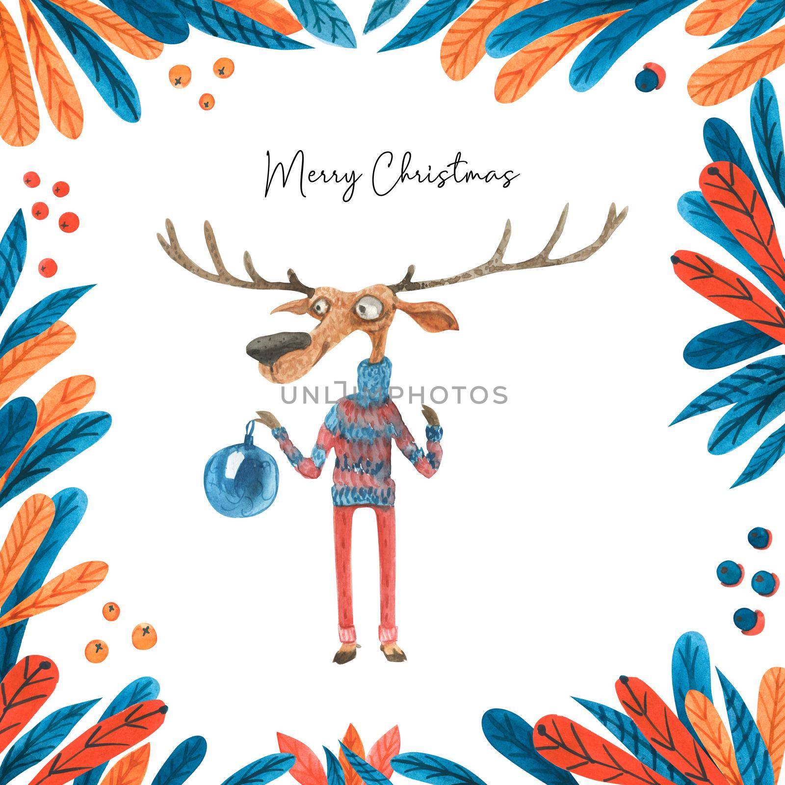 Christmas watercolor illustration with funny deer decorator, clipping path included