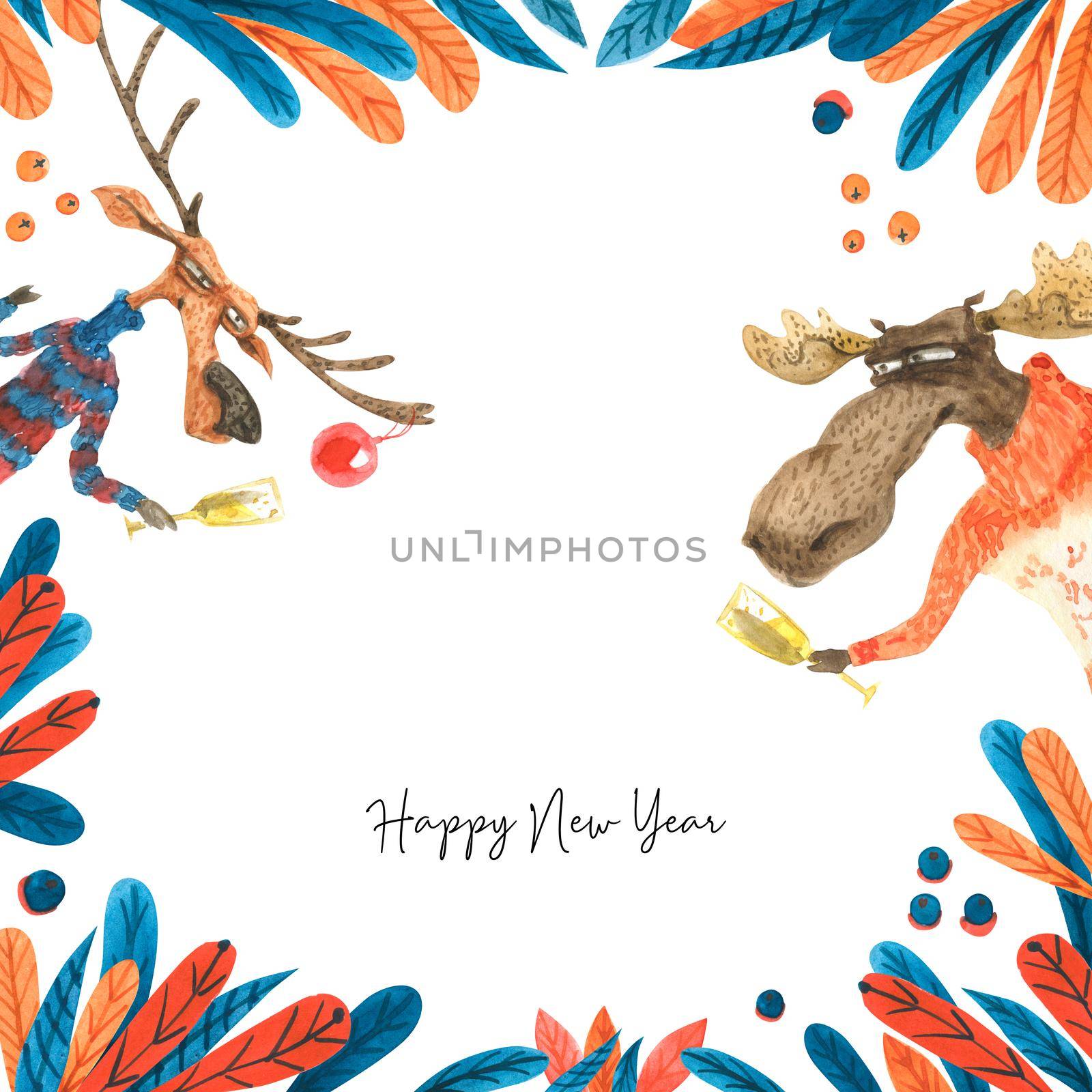 Christmas watercolor frame with drinking moose and deer, clipping path included