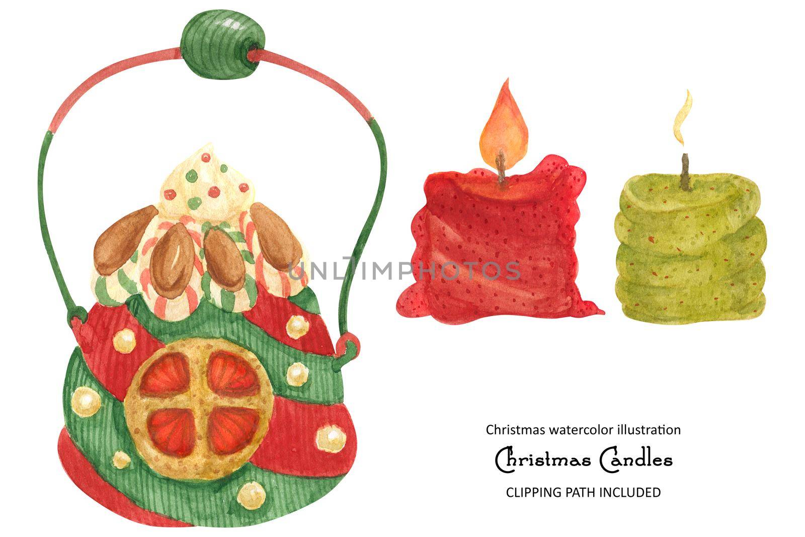 Christmas lamp and candles, watercolor isolated illustration with clipping path