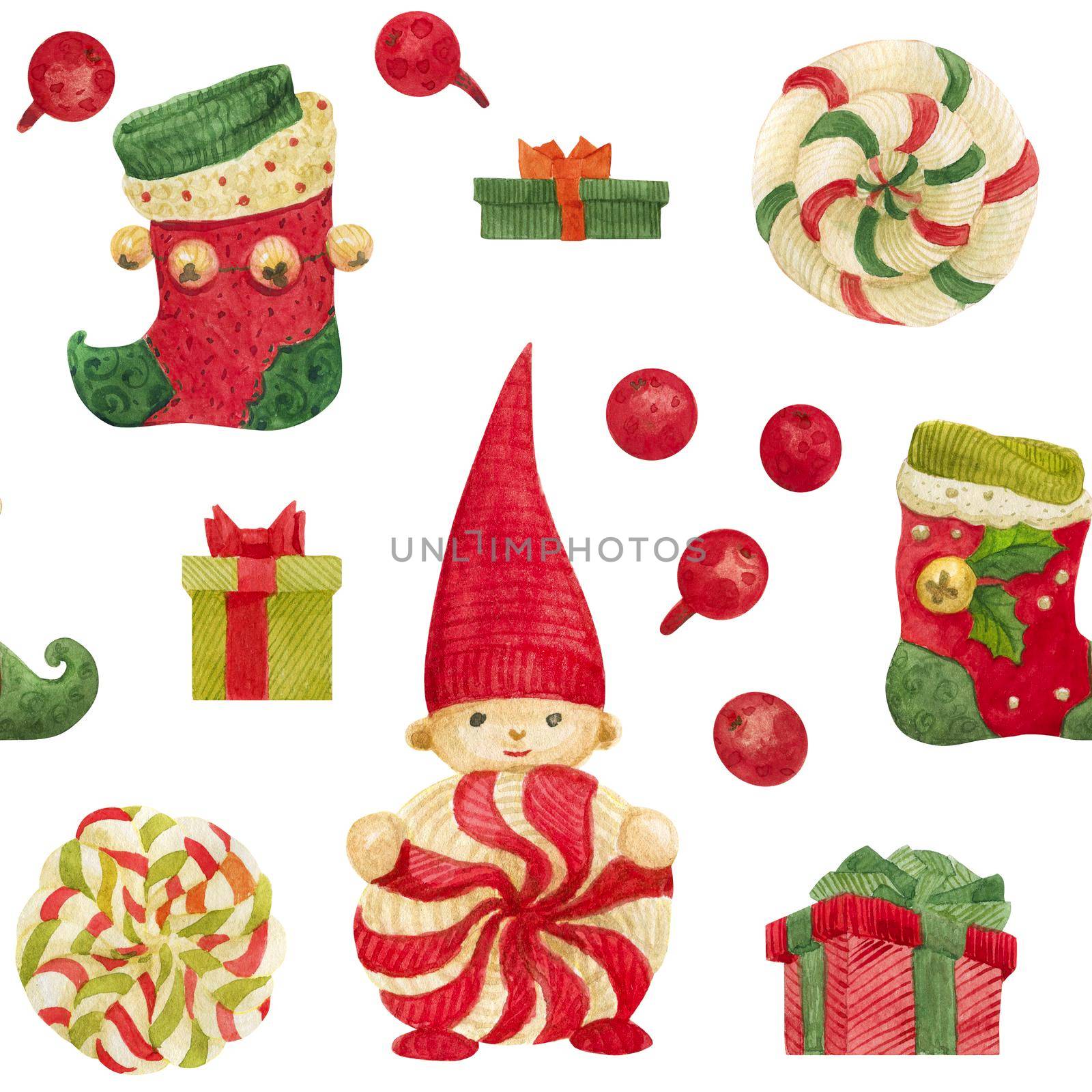 Christmas Elves Factory seamless watercolor pattern with stockings and lollipops and gifts on a white