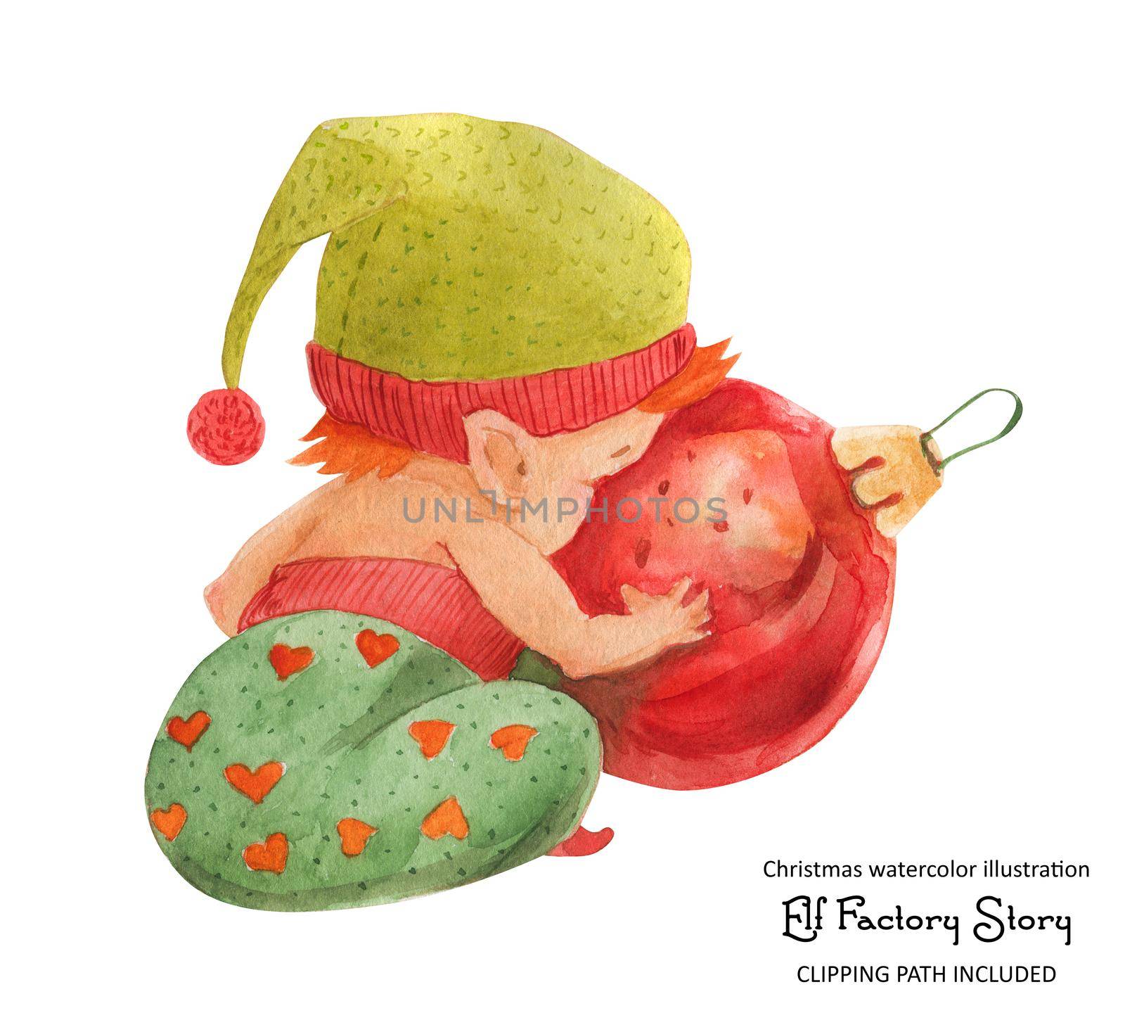 Christmas elf story, elf-baby looking in a Christmas ball, isolated watercolor and clipping path