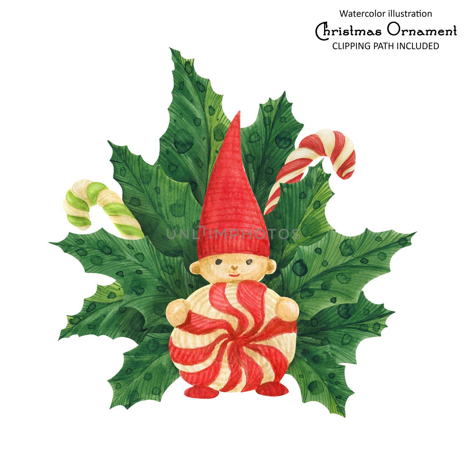 Christmas holly bouquet with red gnome, isolated watercolor illustration and clipping path