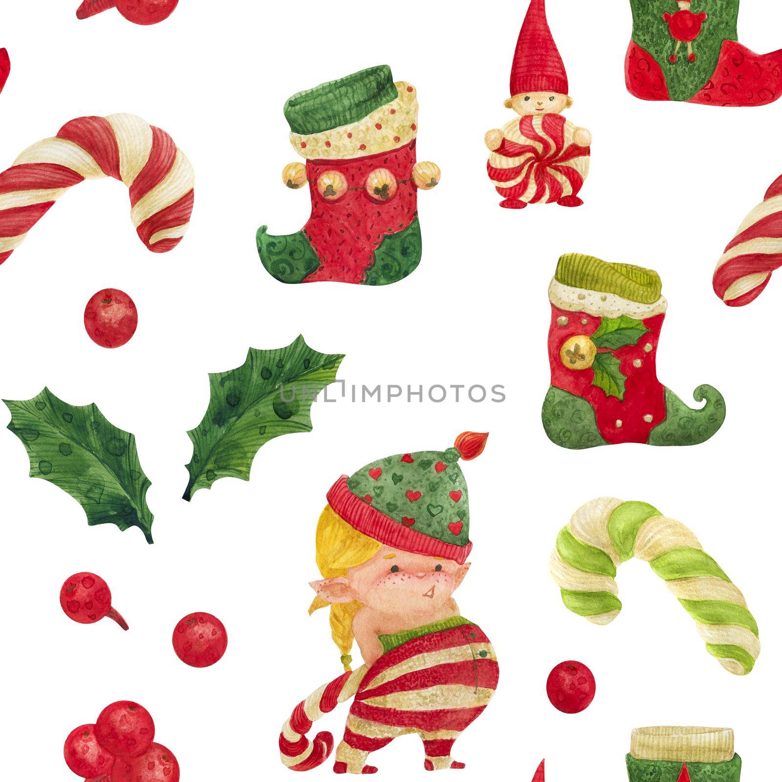 Christmas Elves Story seamless pattern, girl elf with candy cane and stocking on a white background