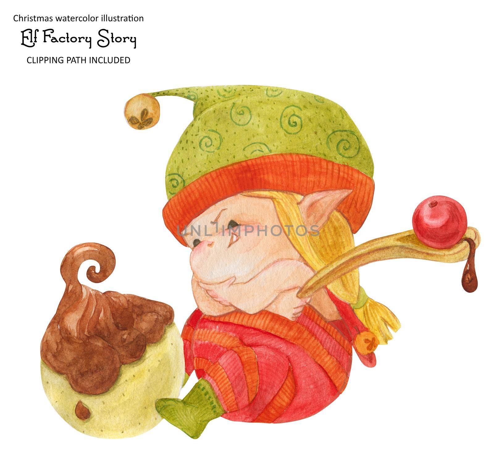 Christmas elf story, elf-artist decorating sweet candy, isolated watercolor and clipping path