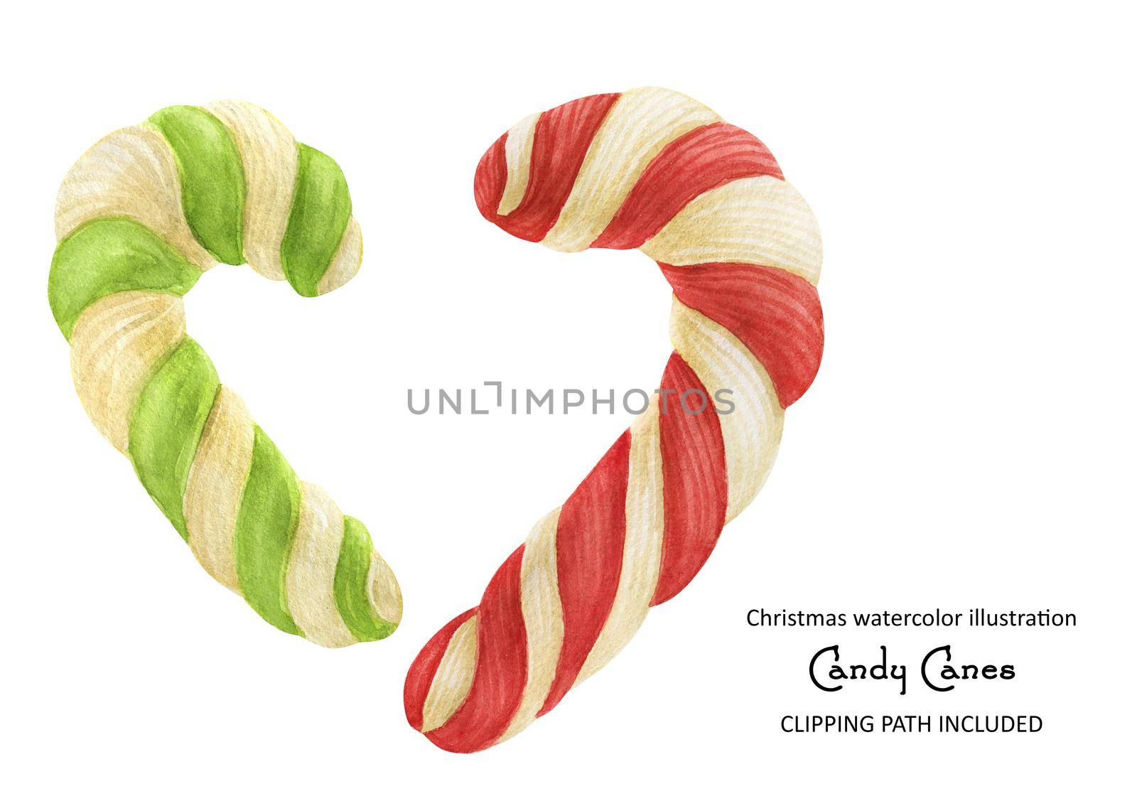 Red and green striped candy canes, watercolor isolated illustration with clipping path