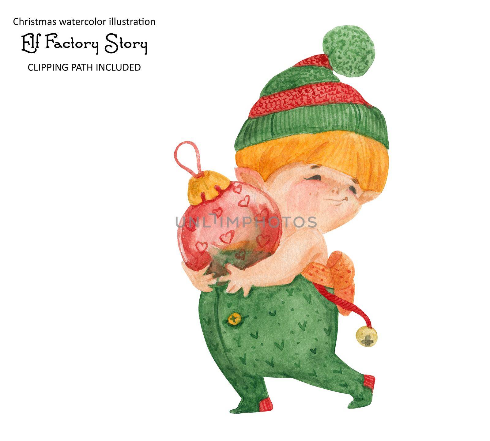 Christmas elf story, elf carries a Christmas ball, isolated watercolor and clipping path