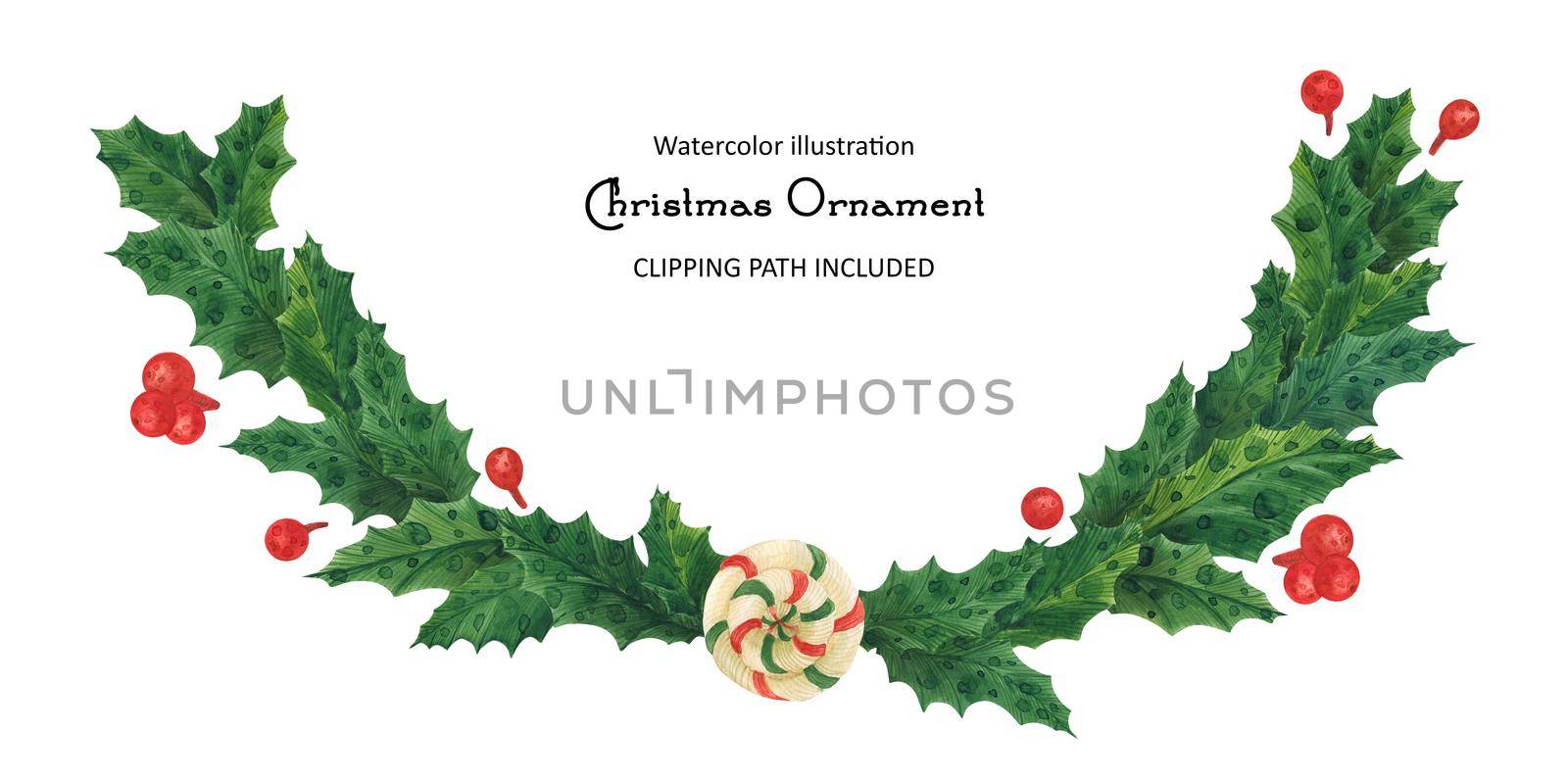 Christmas holly garland with lollipop, isolated watercolor illustration and clipping path