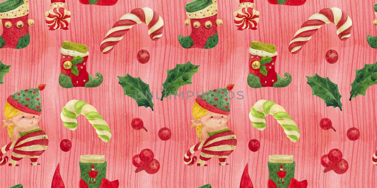 Christmas Elves Story seamless pattern, girl elf with candy cane