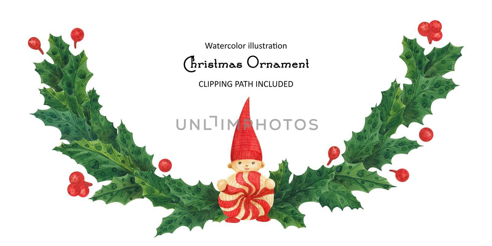 Christmas holly garland with gnome, isolated watercolor illustration and clipping path