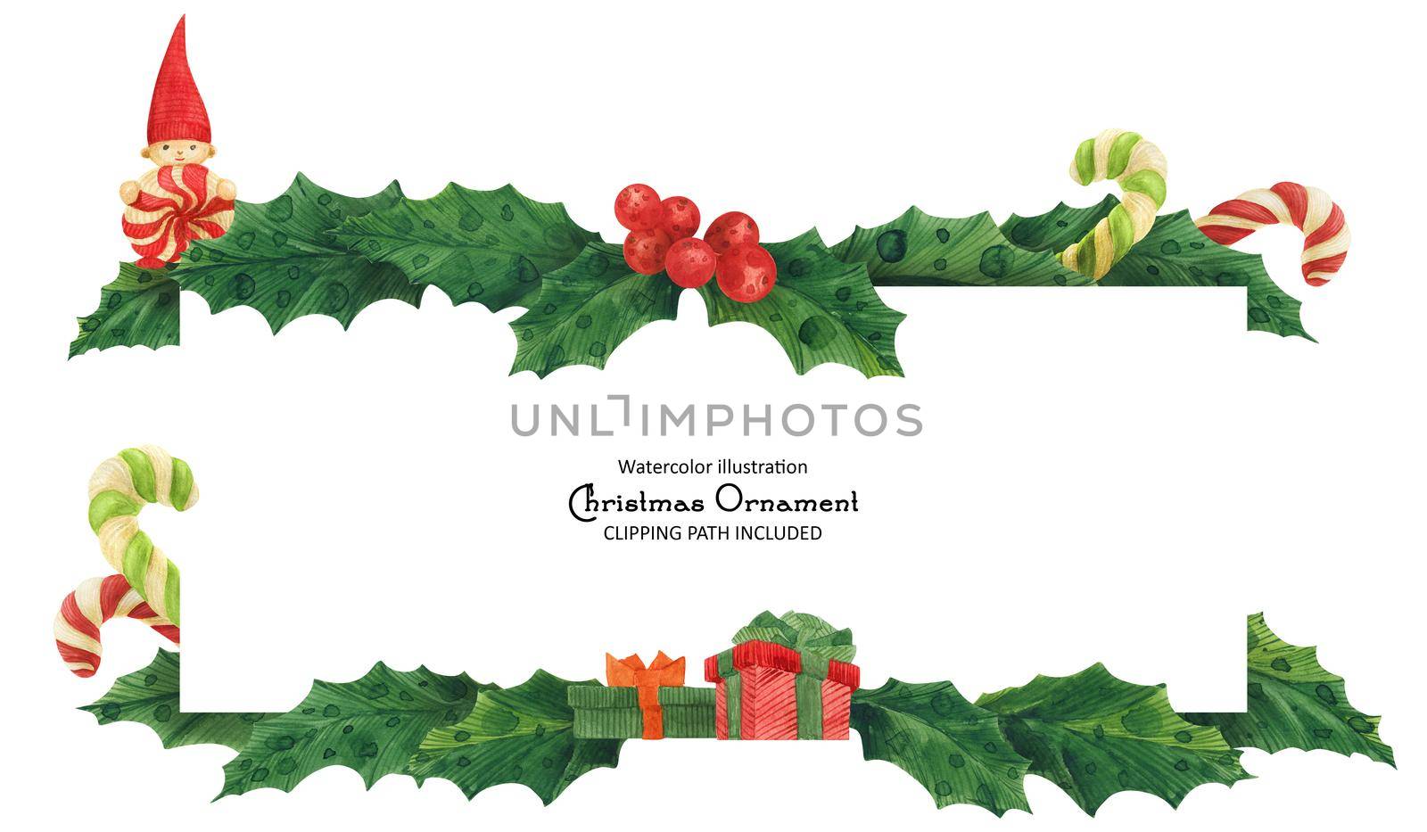Christmas holly border with red gnome and candy canes and gift boxes, isolated watercolor illustration and clipping path