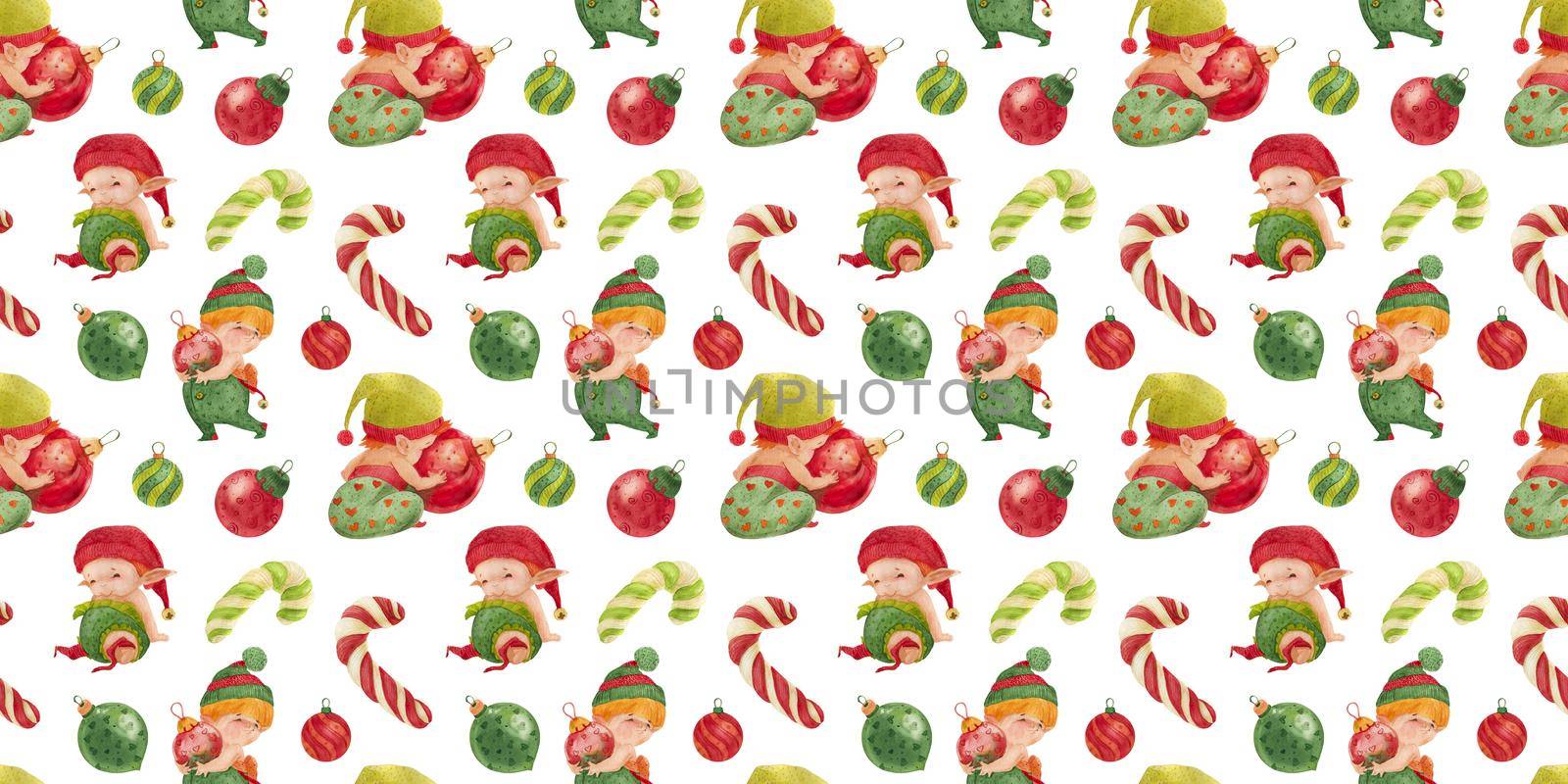 Christmas Elves Story seamless pattern, baby elves with glass baubles and candy canes