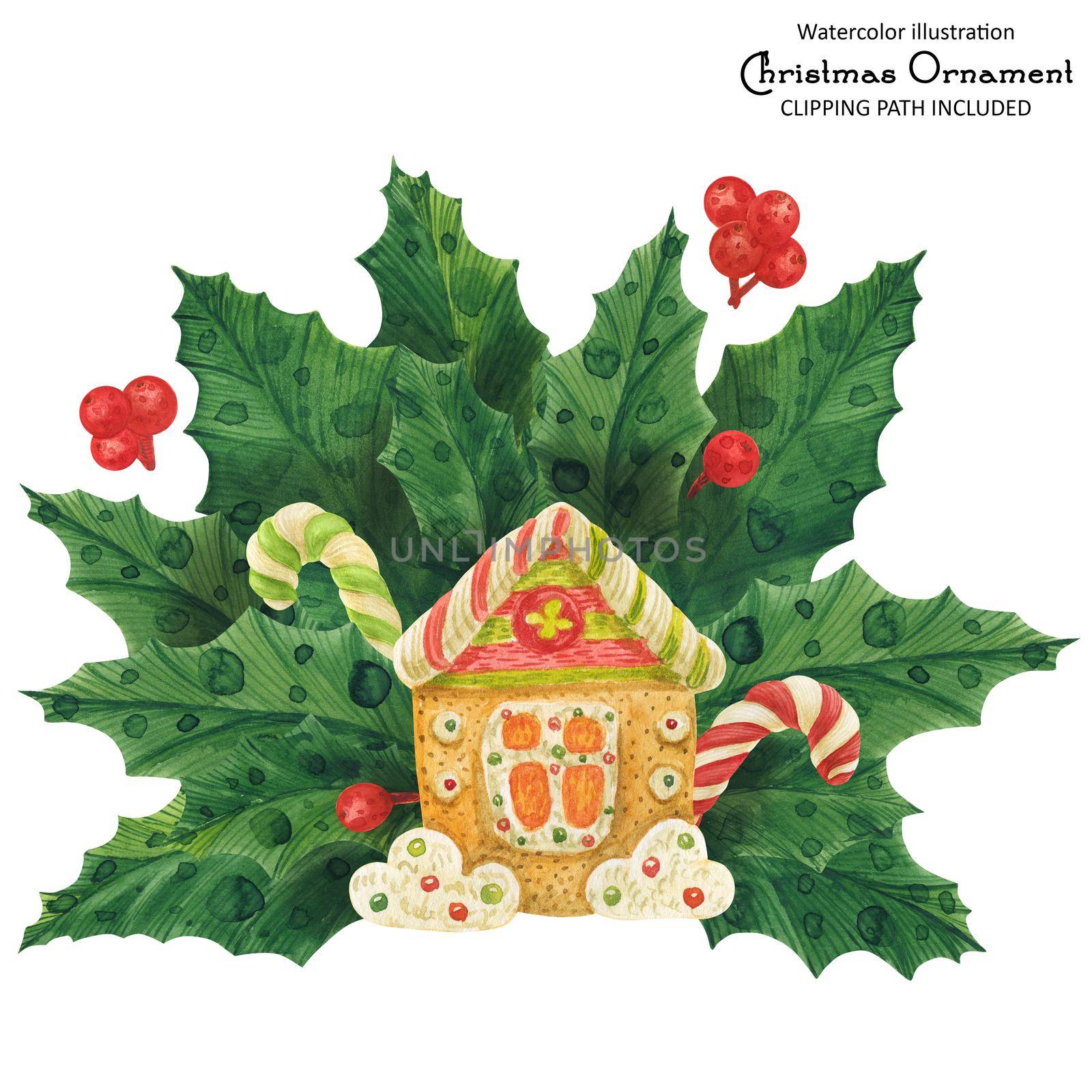 Christmas holly bouquet with gingerbread house and candy canes, isolated watercolor illustration and clipping path