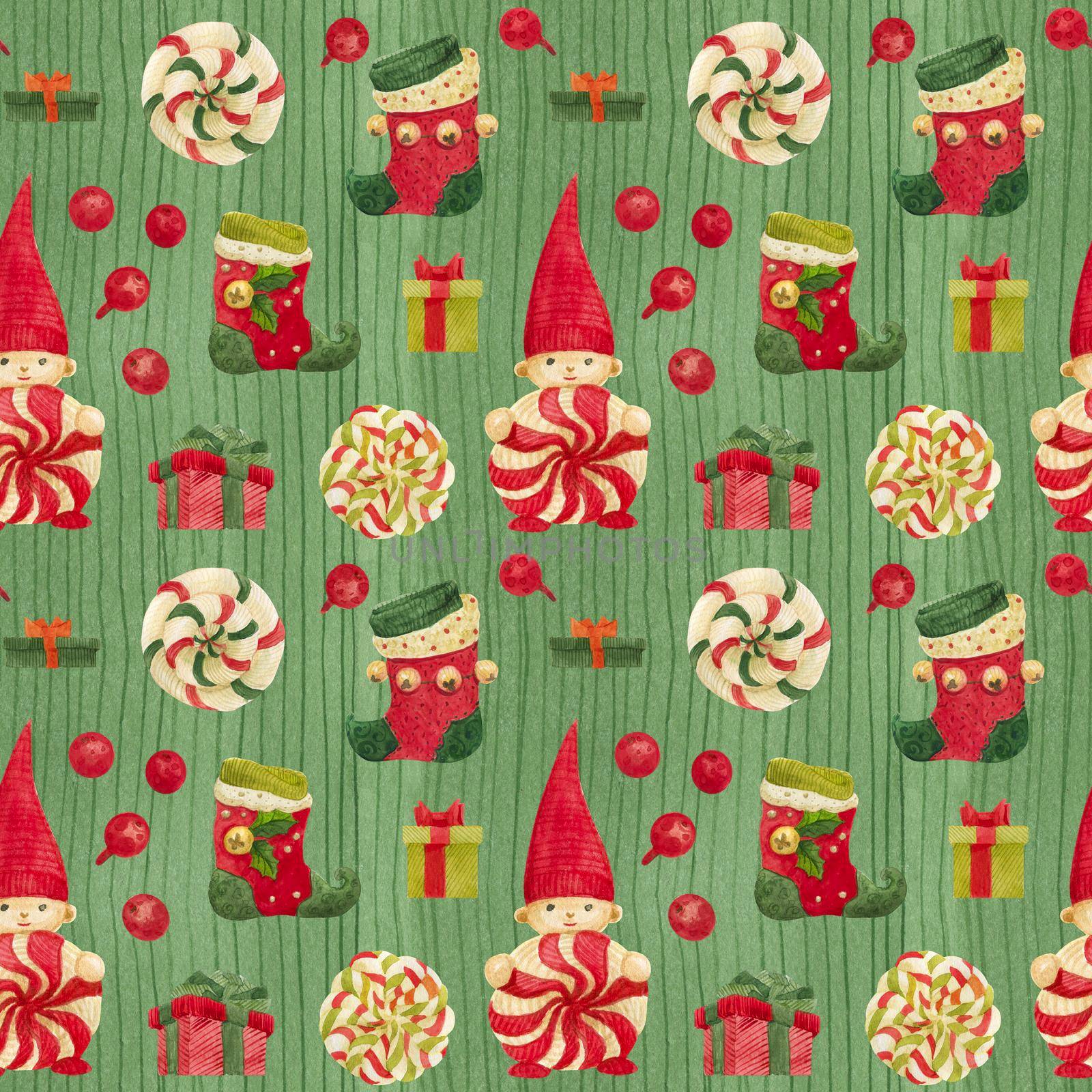 Christmas Elves Factory seamless watercolor pattern with stockings and lollipops