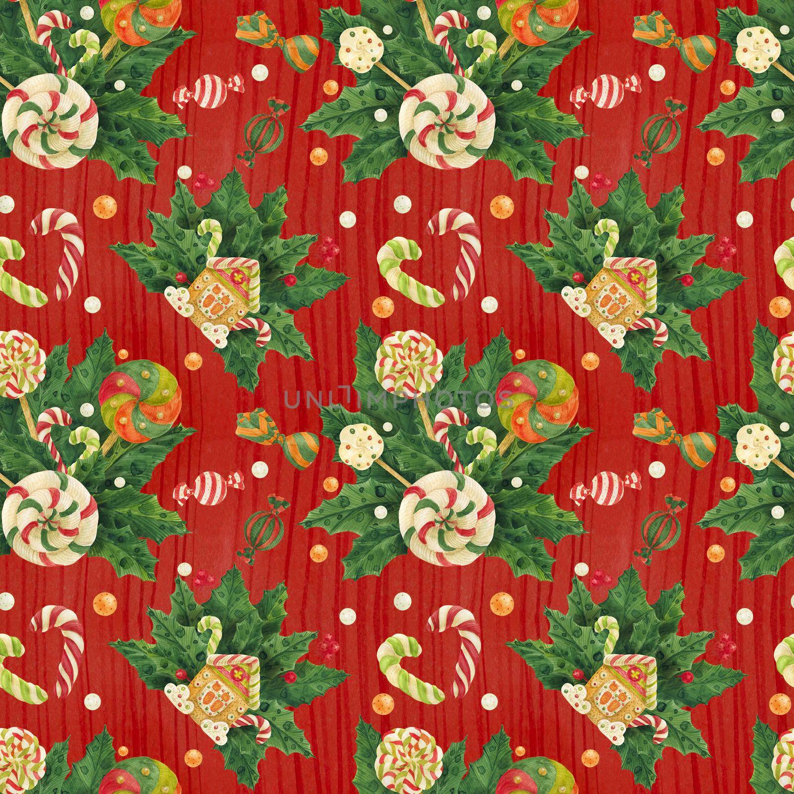 Christmas Holly watercolor red seamless pattern with candy cane and lollipop bouquet