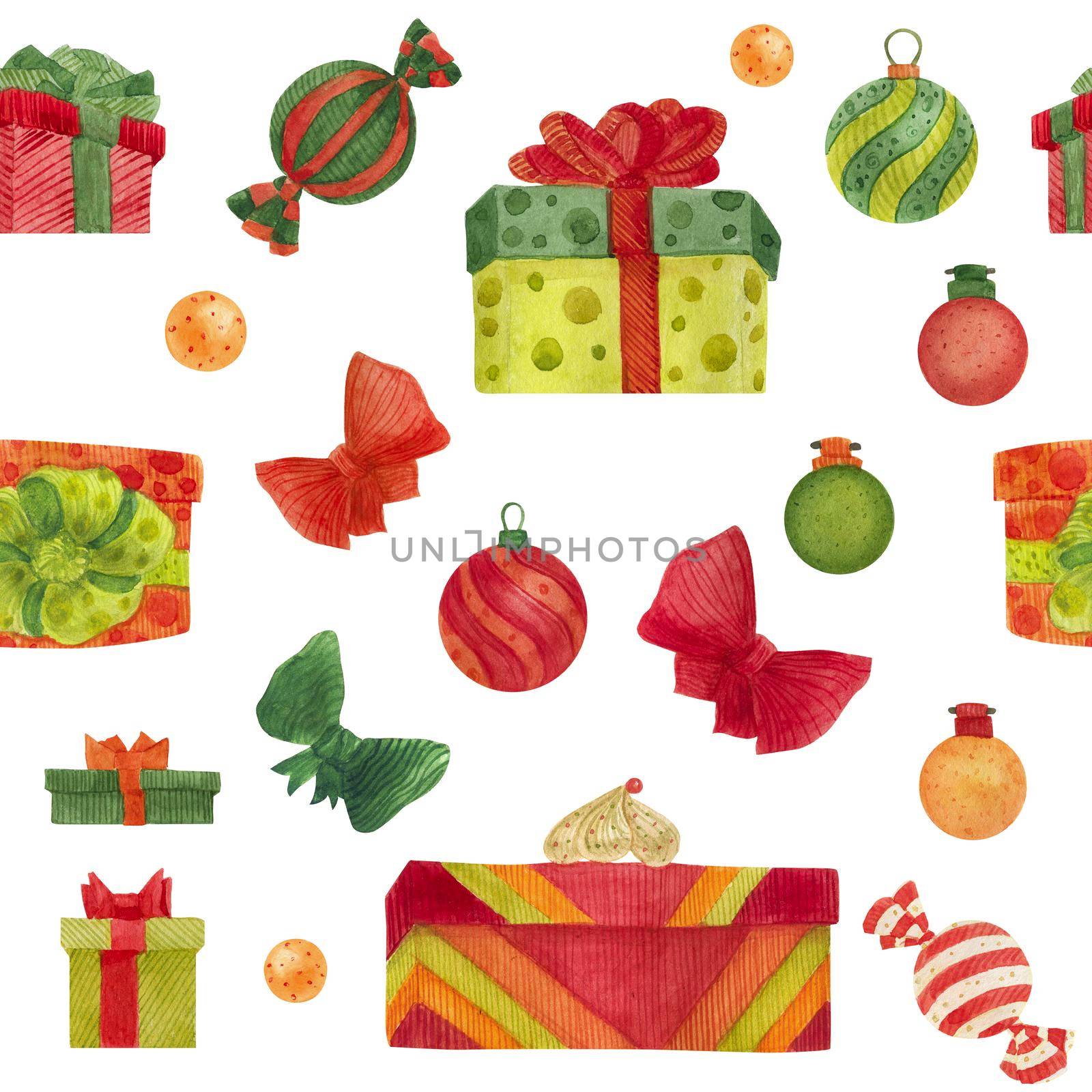 Christmas seamless watercolor pattern with sweets and gift boxes on a white by Xeniasnowstorm