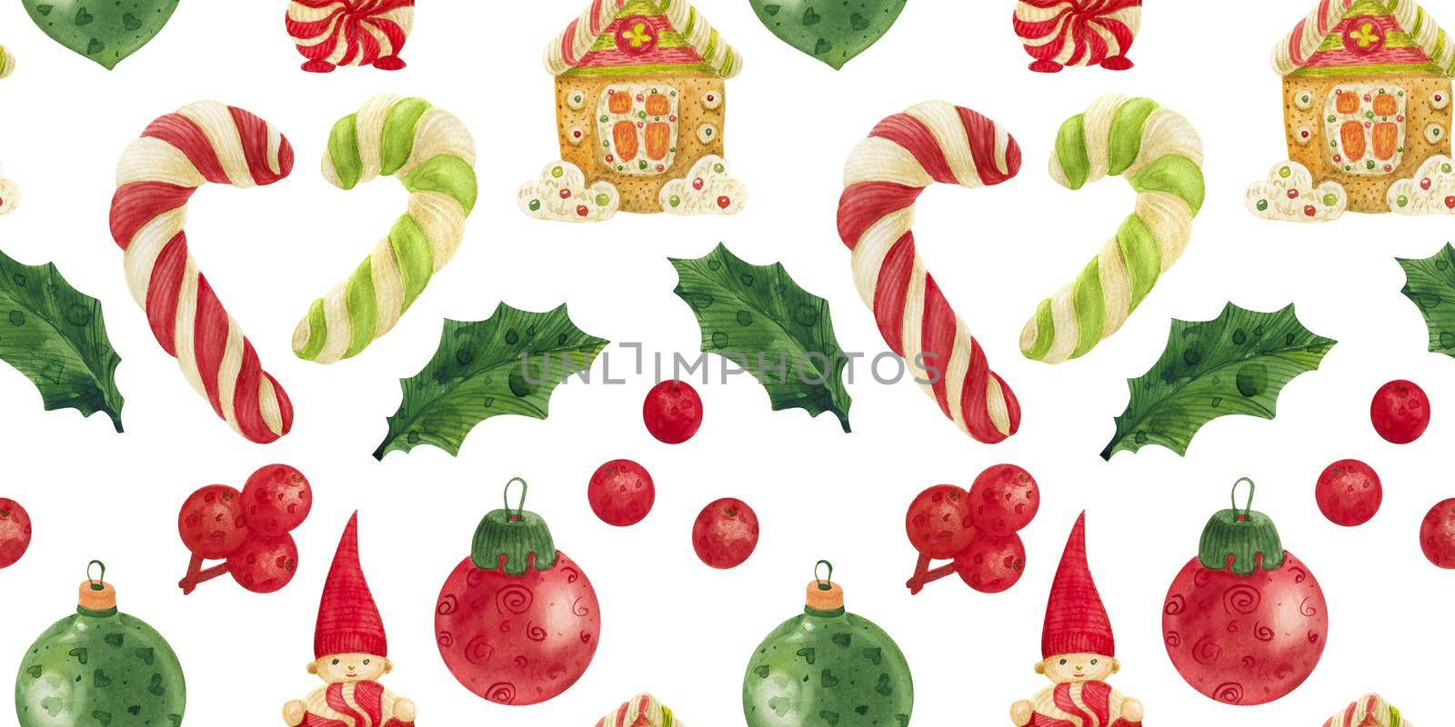 Christmas Elves Factory seamless watercolor pattern with candy canes, holly and baubles