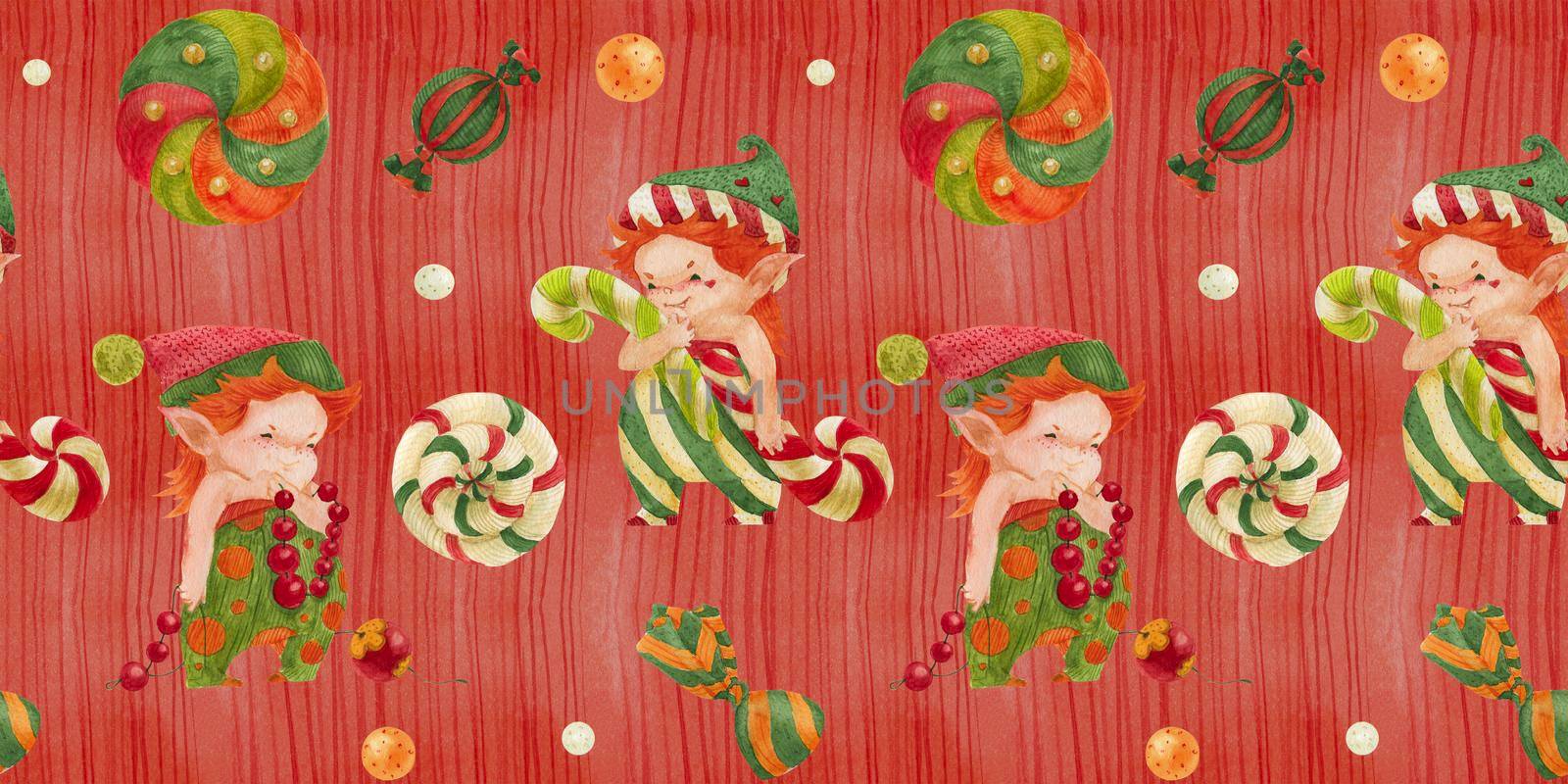 Christmas Elves Story red seamless watercolor pattern, elves and candy canes