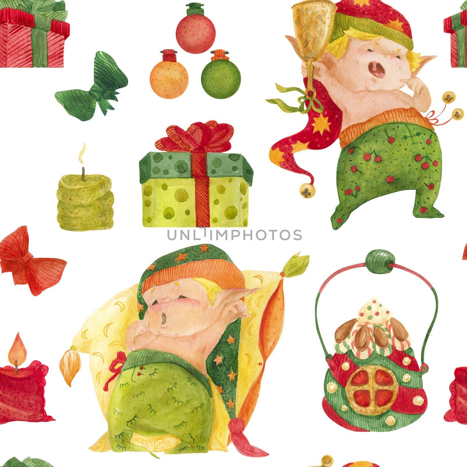 Christmas Elves Story seamless watercolor pattern for good night, baby elves and candles ans gift boxes