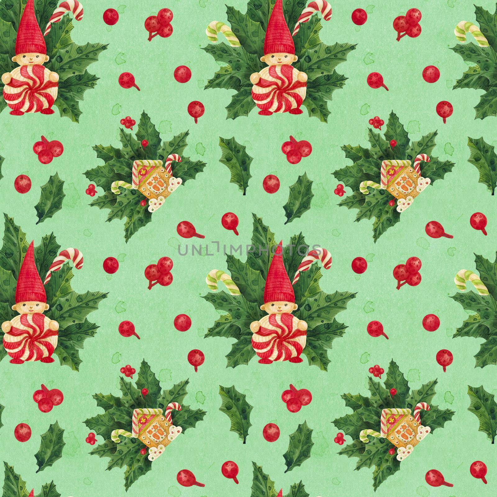 Christmas Holly watercolor seamless green pattern with gnome and gingerbread house and candy canes