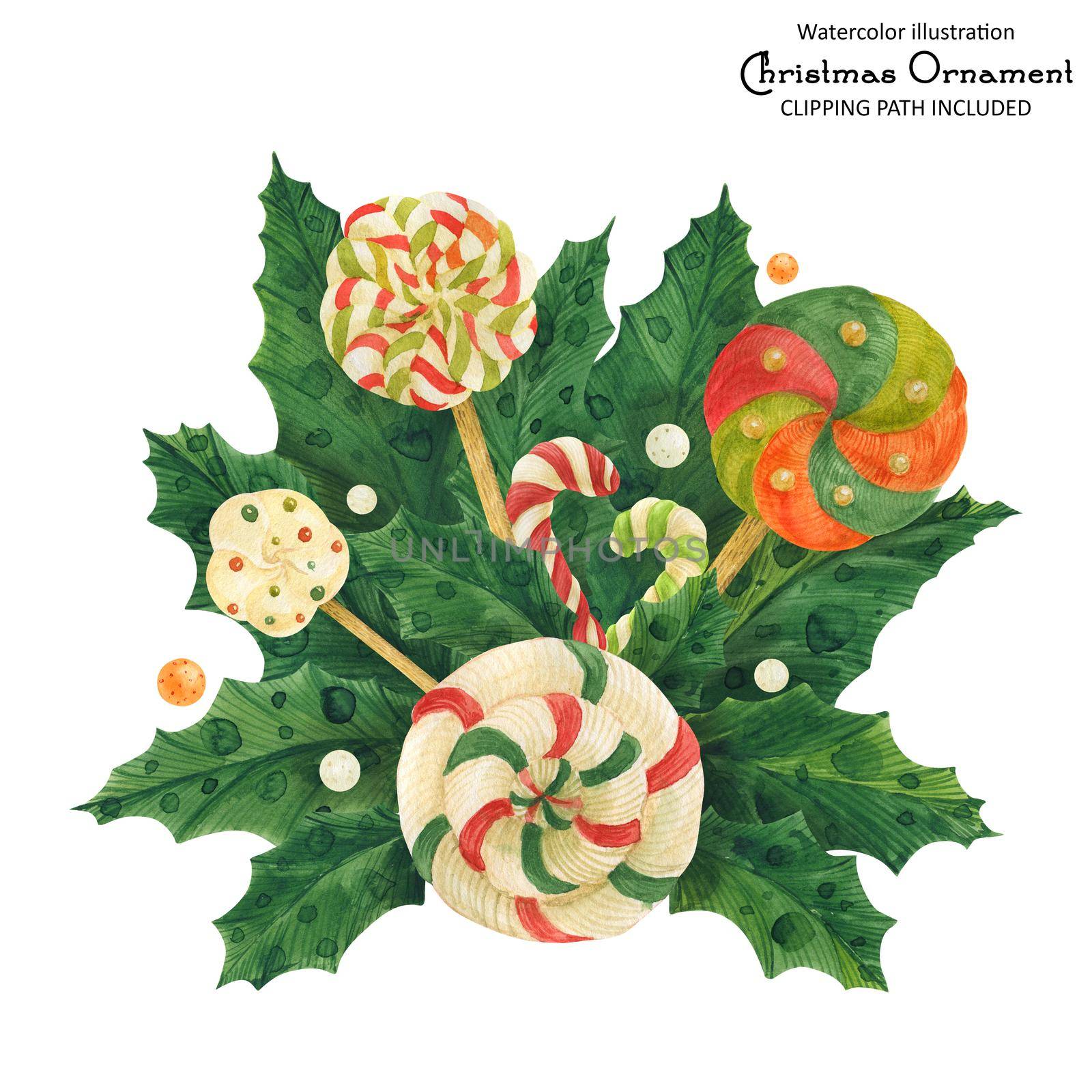 Christmas holly bouquet with lollipop and candy cane, isolated watercolor illustration and clipping path