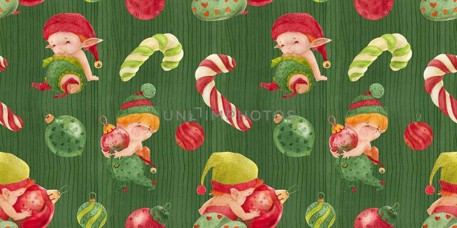 Christmas green seamless pattern, baby elves with glass baubles and candy canes by Xeniasnowstorm