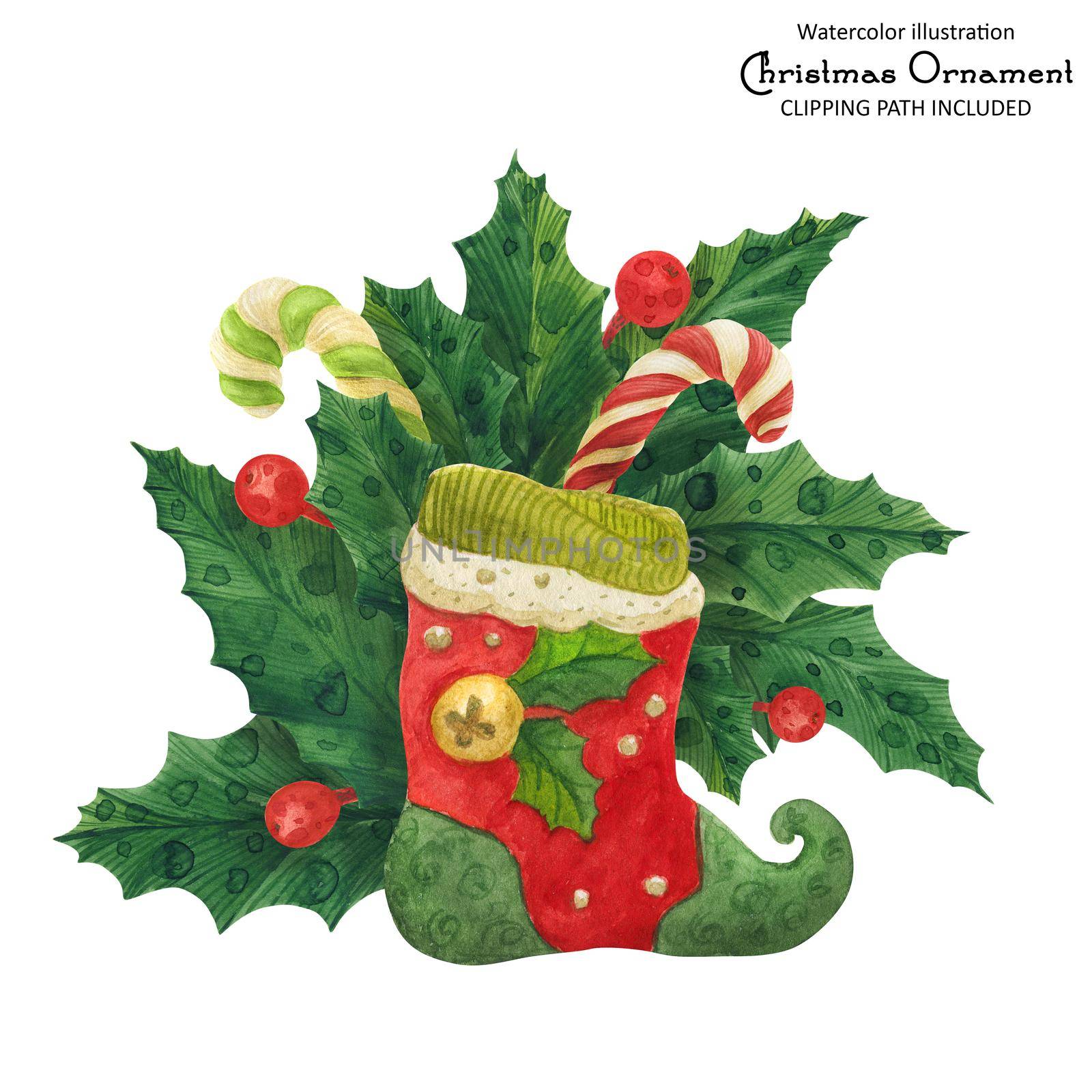 Christmas holly bouquet with elf stocking and candy canes, watercolor illustration by Xeniasnowstorm