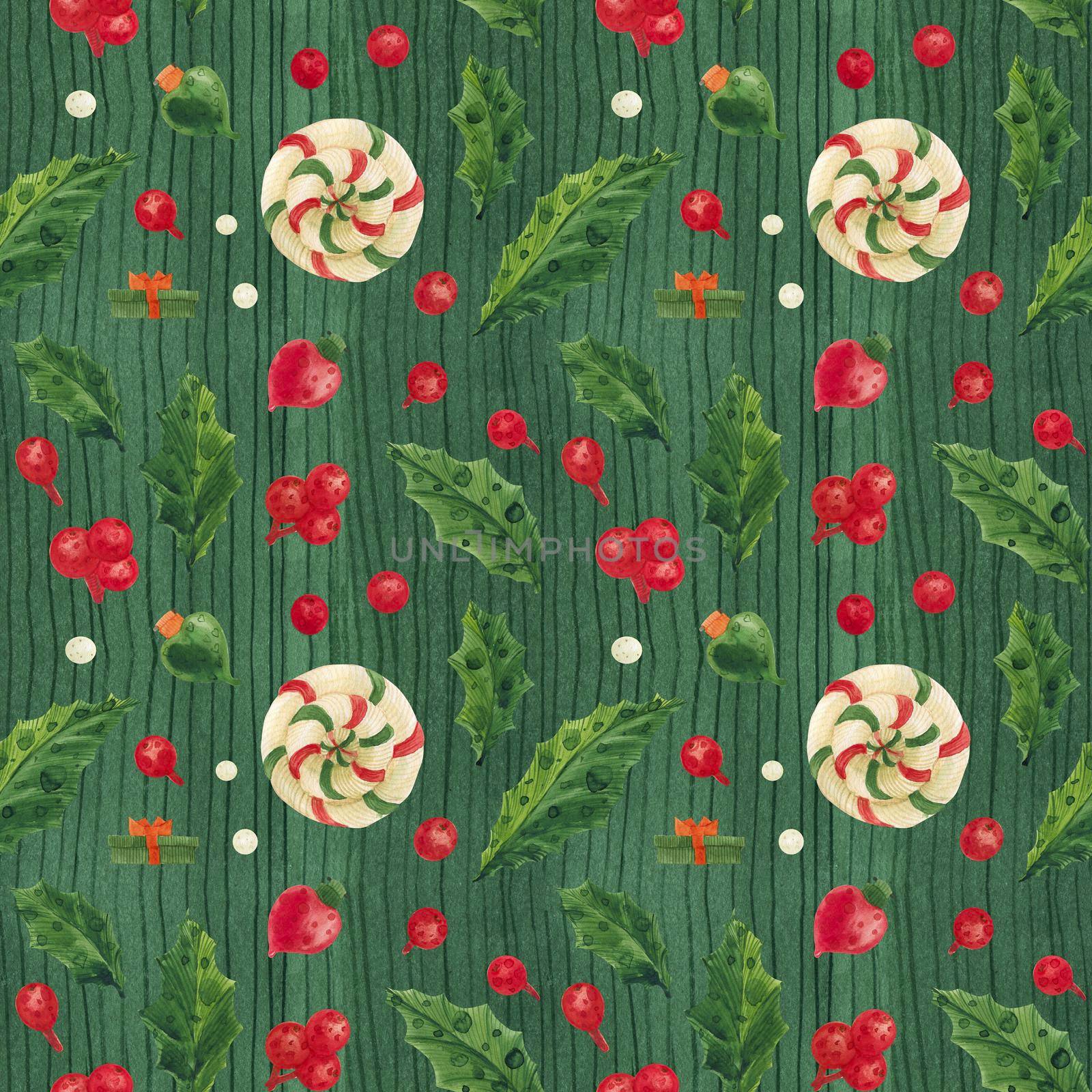 Christmas green watercolor seamless pattern with lollipops and glass baubles