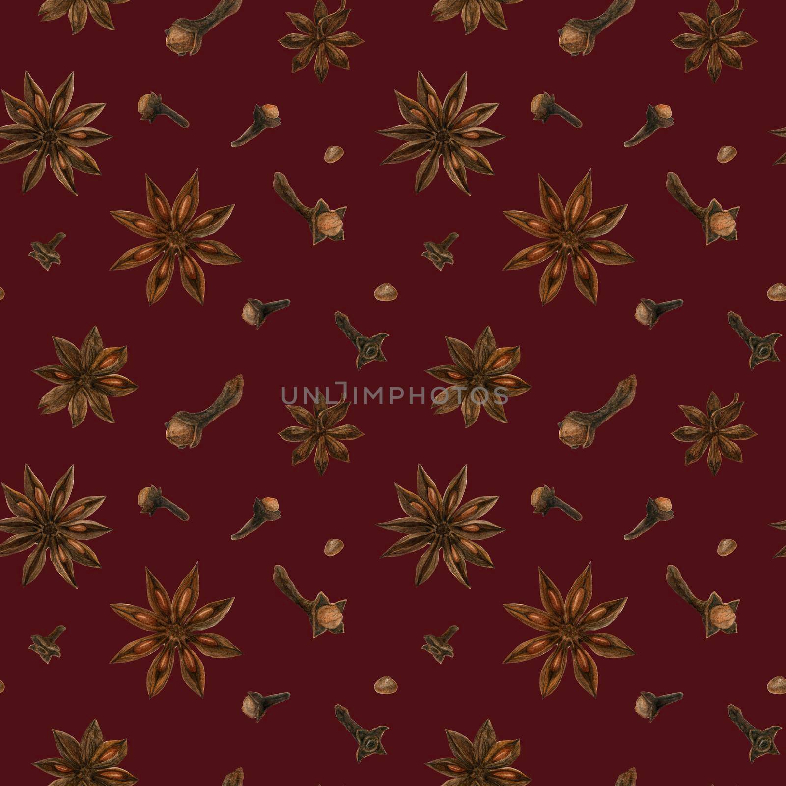 Dried cloves and star anises watercolor red seamless pattern with clipping path