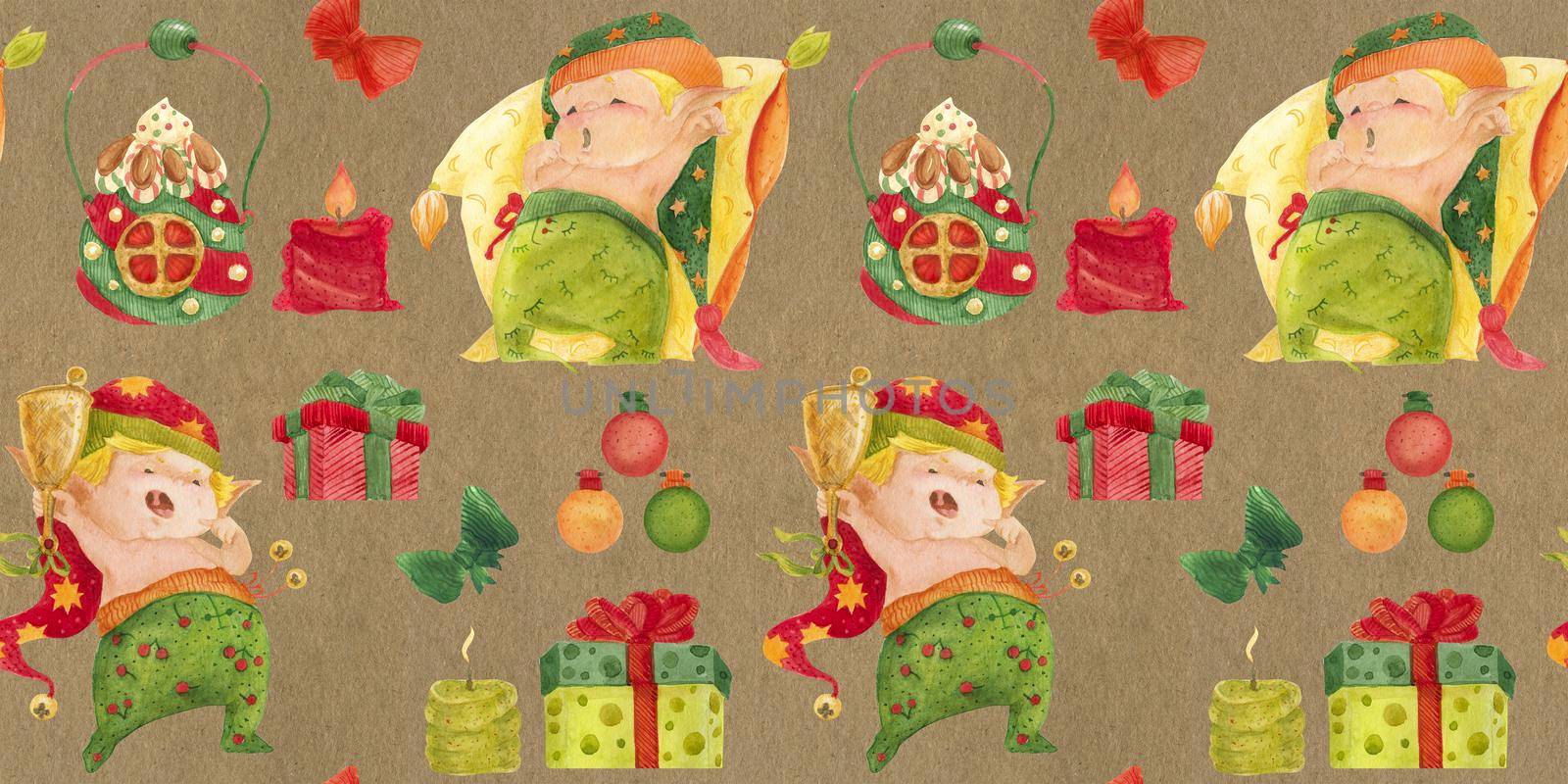Christmas Elves Story seamless pattern, sleep and wake-up for gifts
