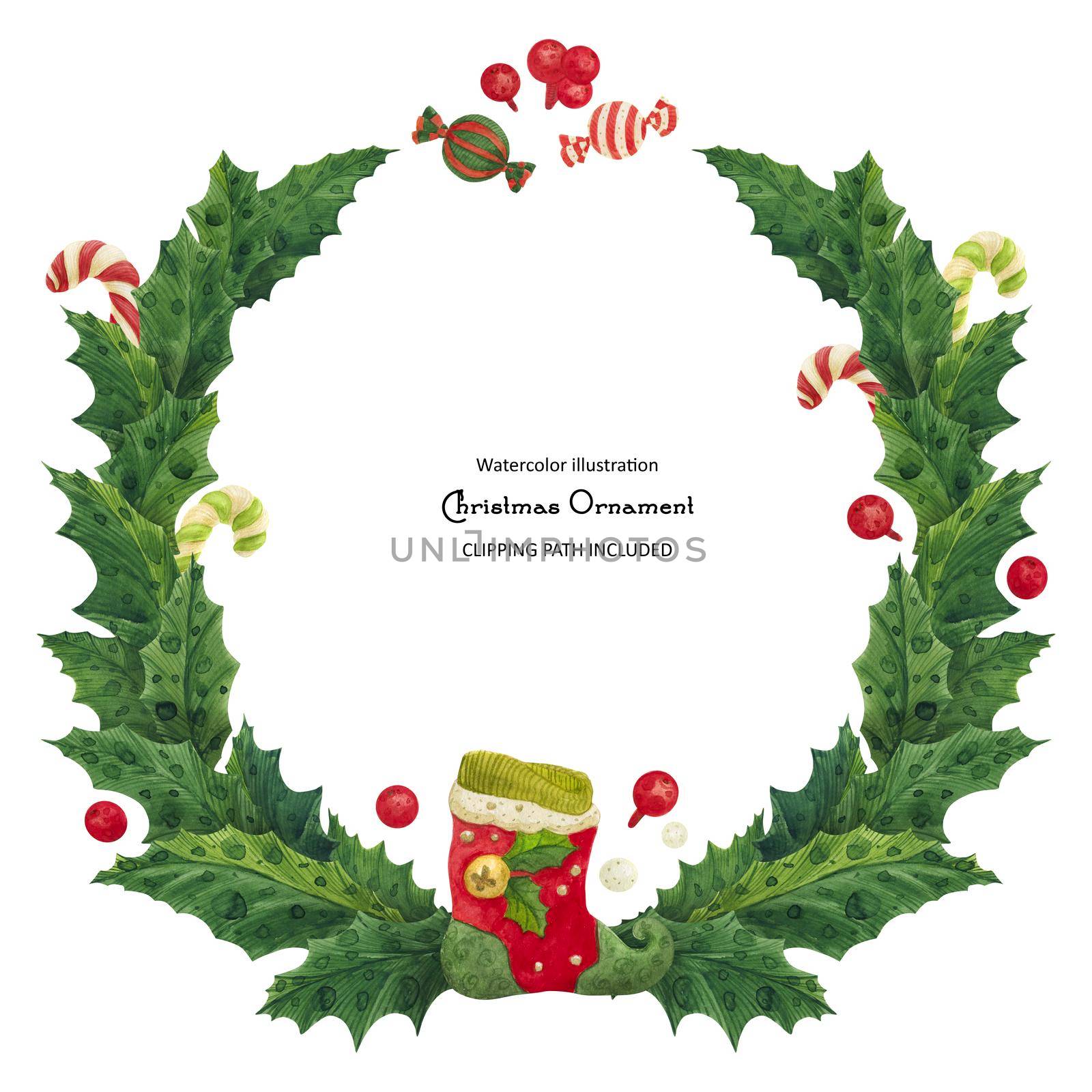 Christmas holly wreath with stocking and candy canes, isolated watercolor illustration and clipping path