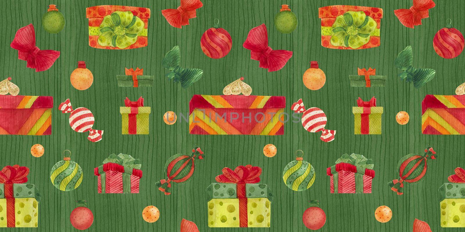 Christmas Elves Factory seamless watercolor pattern with sweets and gift boxes