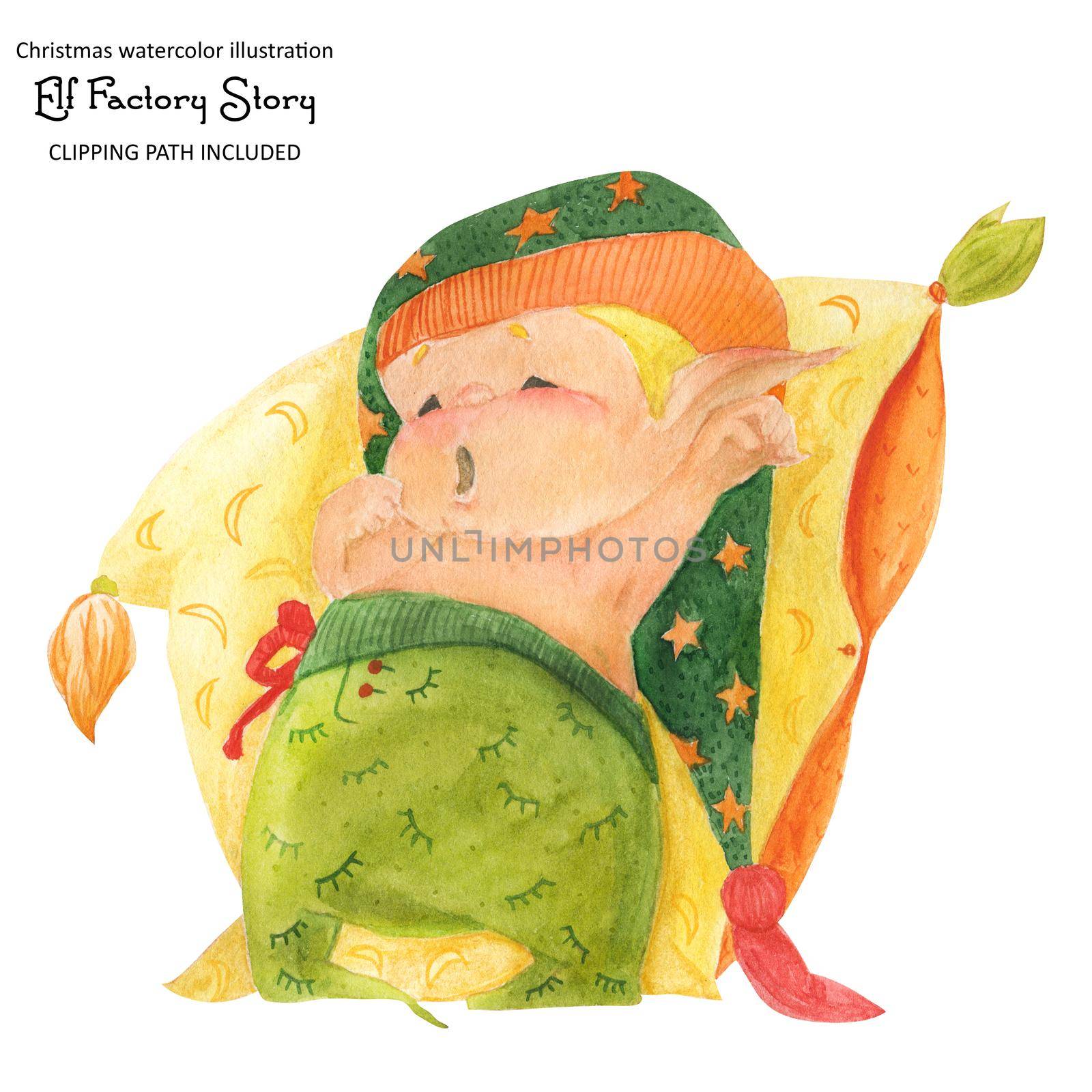 Christmas elf story, elf-baby go to sleep, , isolated watercolor and clipping path