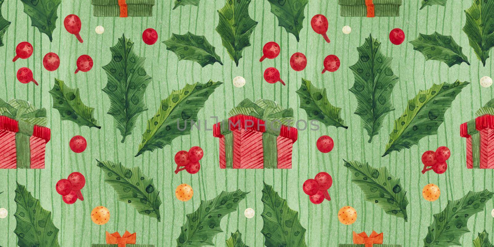 Christmas pattern with holly and red gift box by Xeniasnowstorm