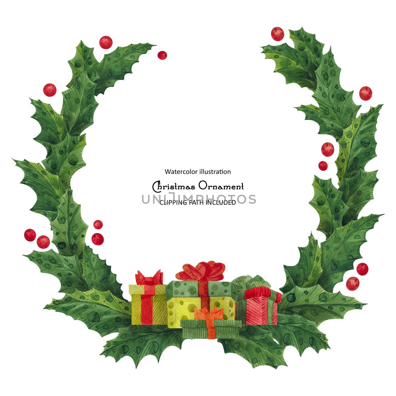 Christmas holly wreath with gift boxes and candy canes, watercolor illustration by Xeniasnowstorm