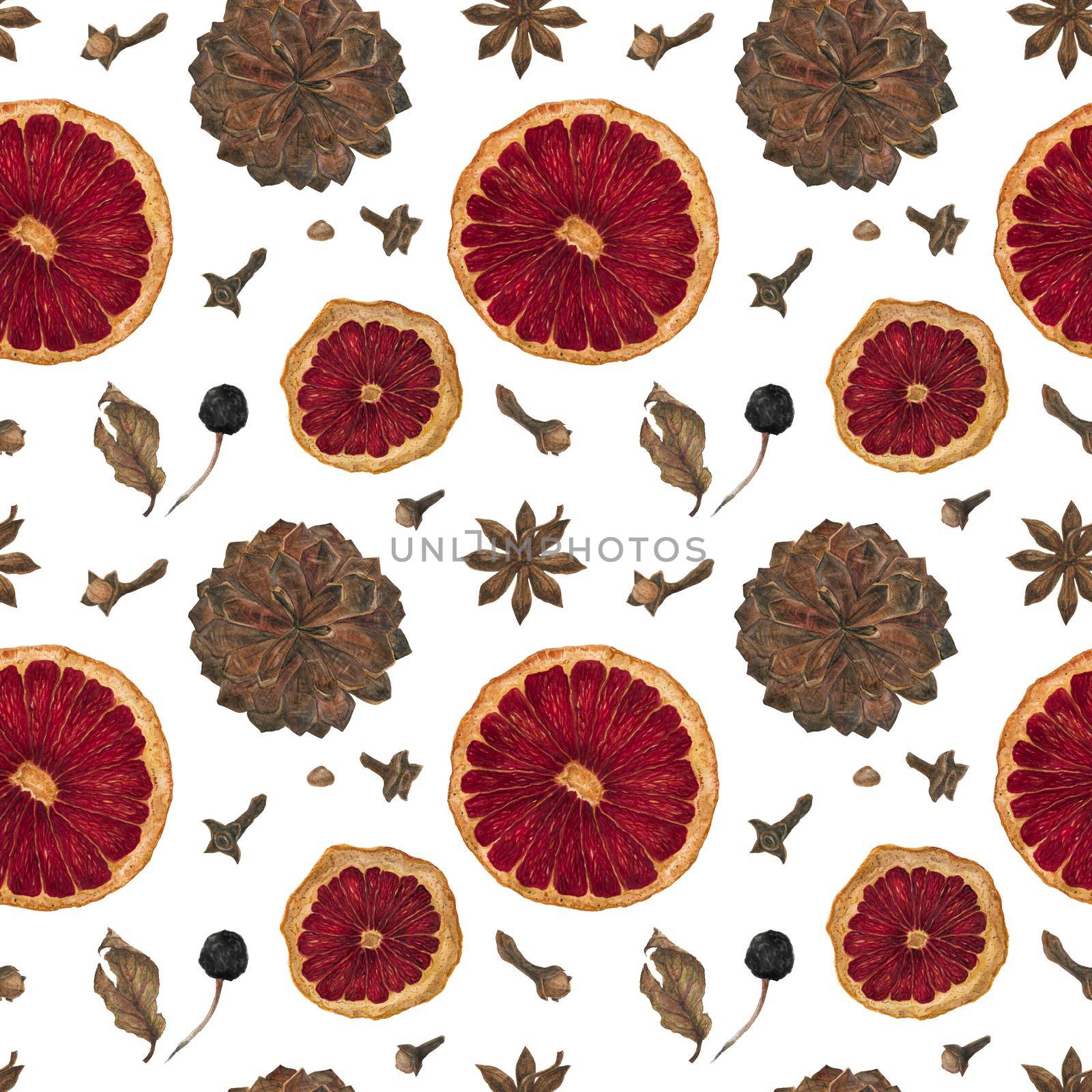 Christmas seamless pattern with oranges and spices and cones on a white background, clipping path included