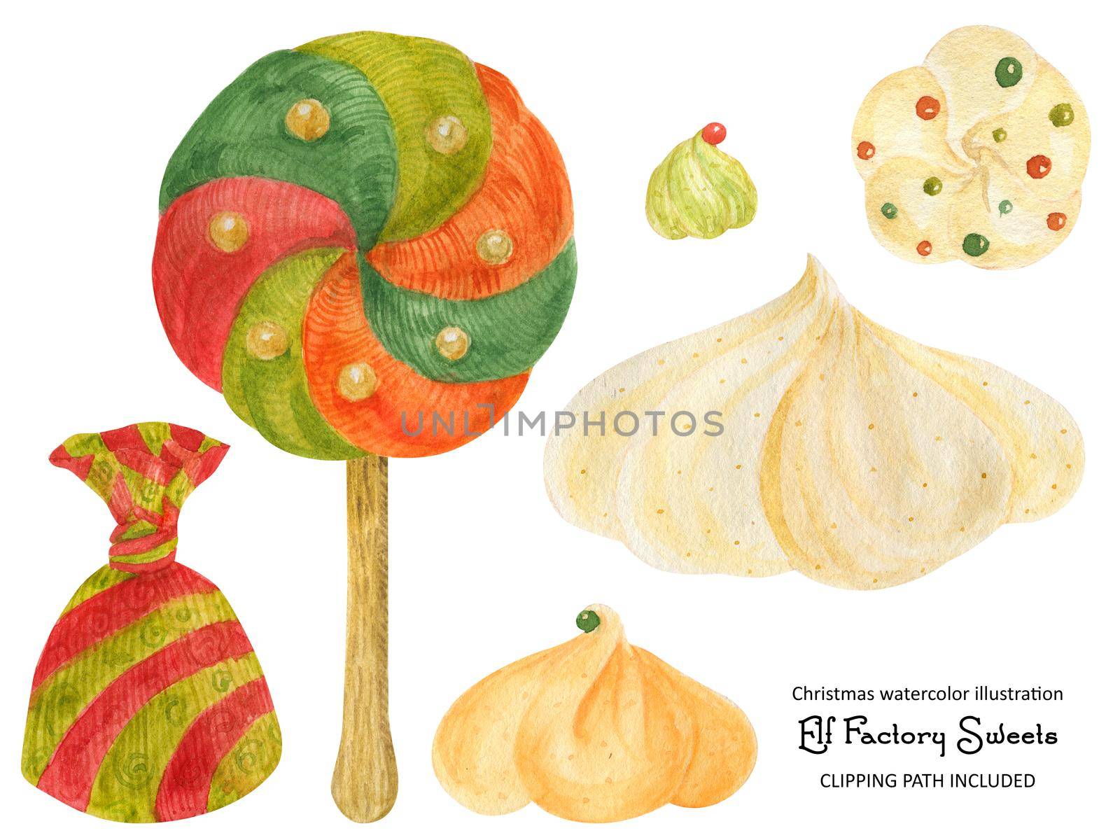 Christmas candy sweets, watercolor isolated illustration with clipping path