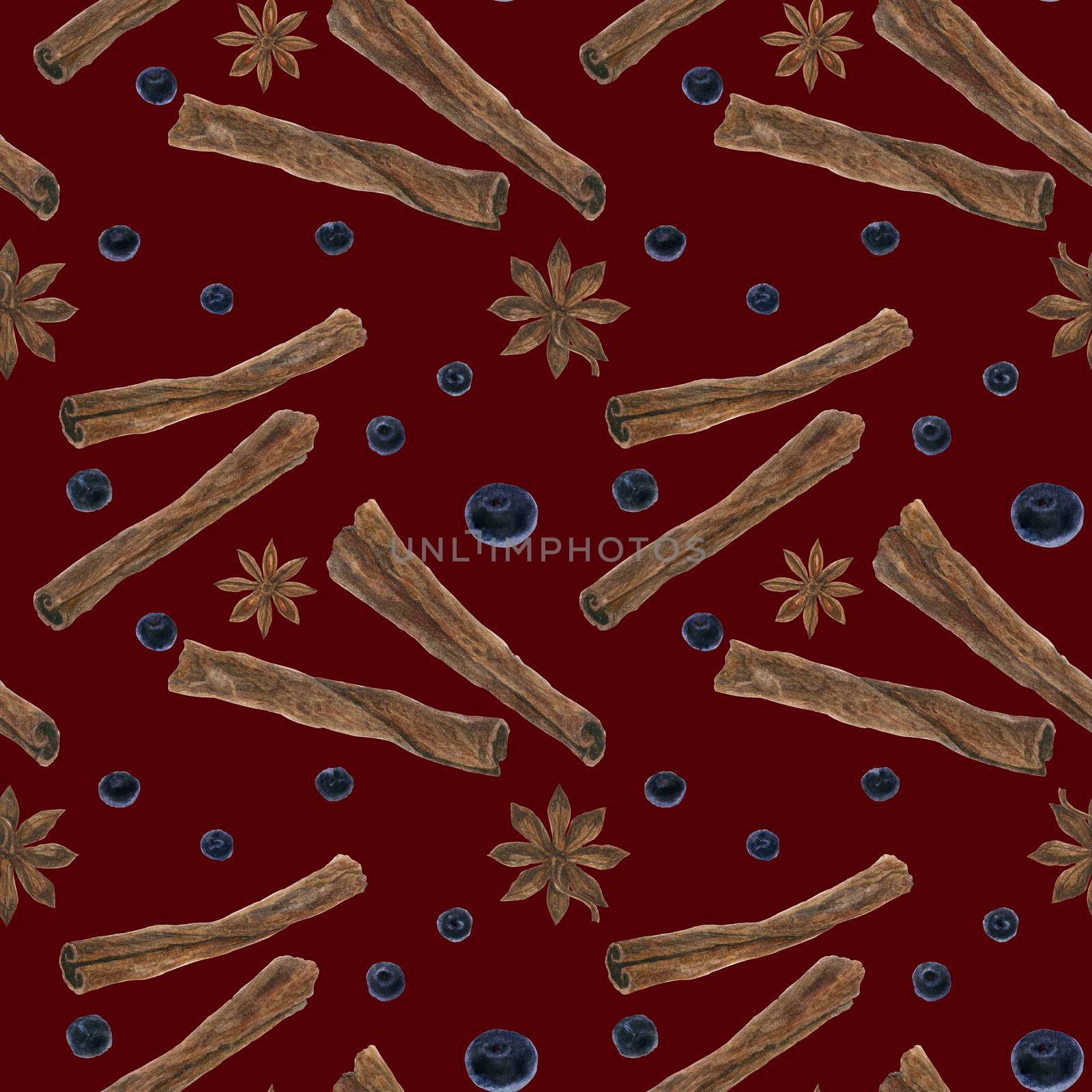 Christmas red mulled wine spices seamless pattern, watercolor on a dark background