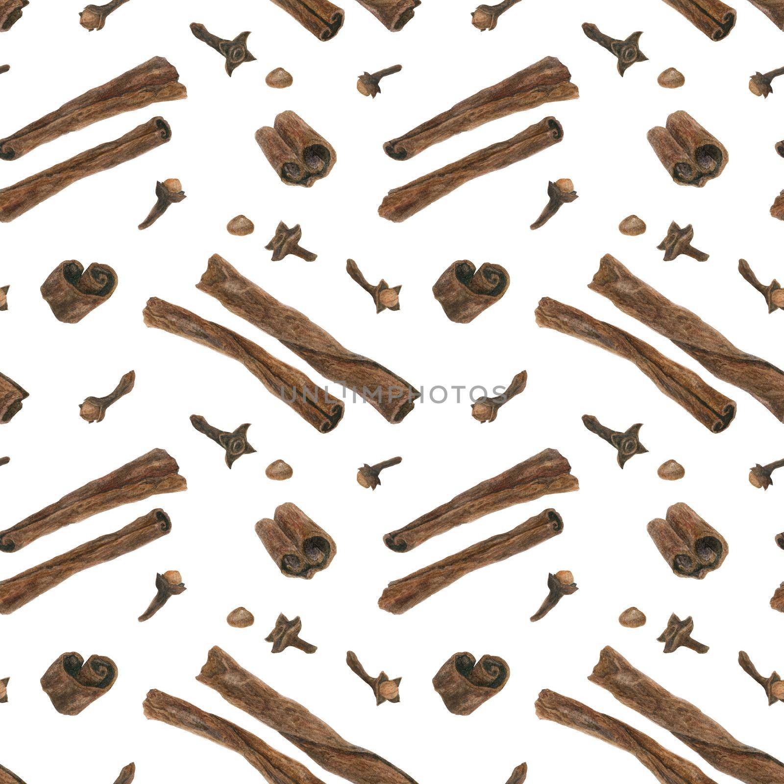 Cloves and Cinnamon. Dried buds and barks, watercolor white seamless pattern with clipping path