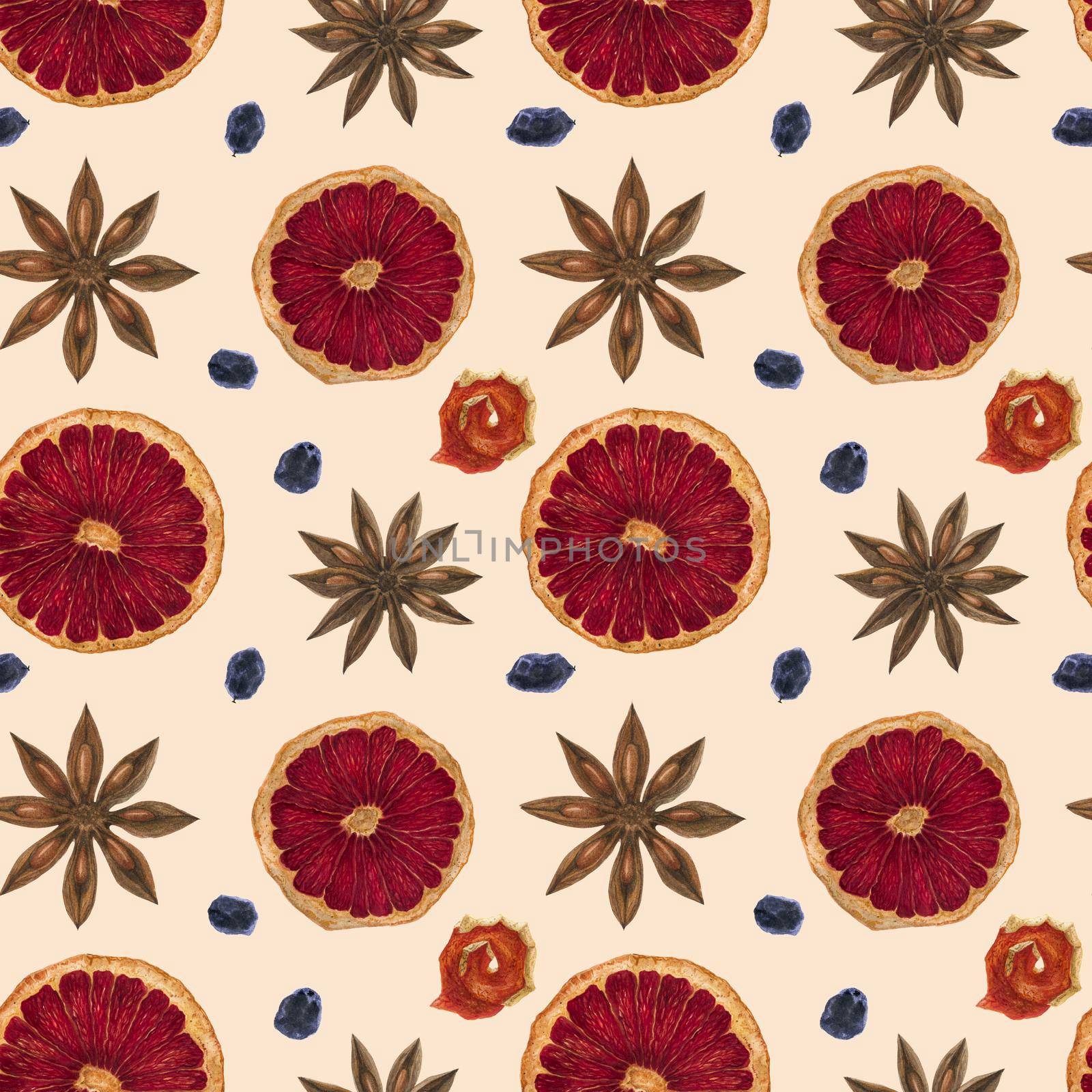 Christmas hot wine seamless pattern, watercolor on a caramel background